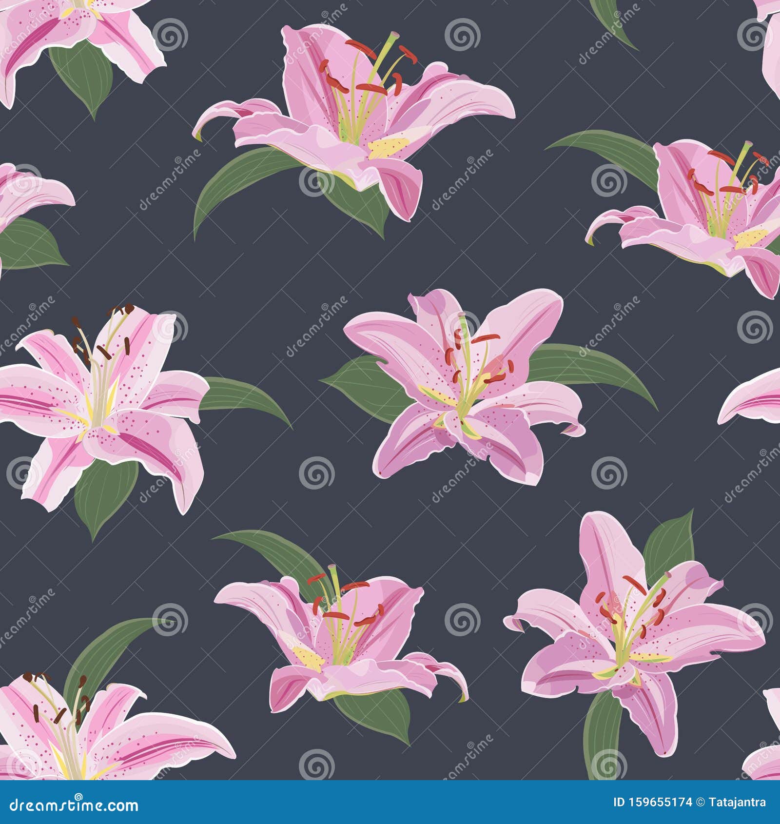 Lily Flower Seamless Pattern on Blue Background, Pink Lily Floral Stock