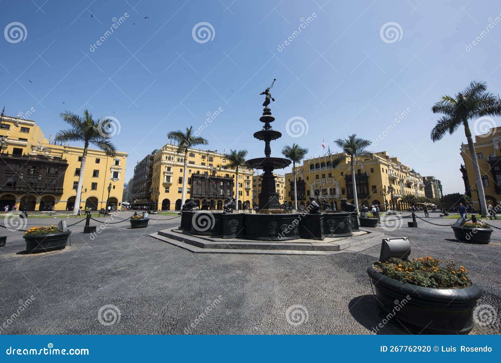 lima's plaza mayor or plaza de armas de lima water fountain peru,