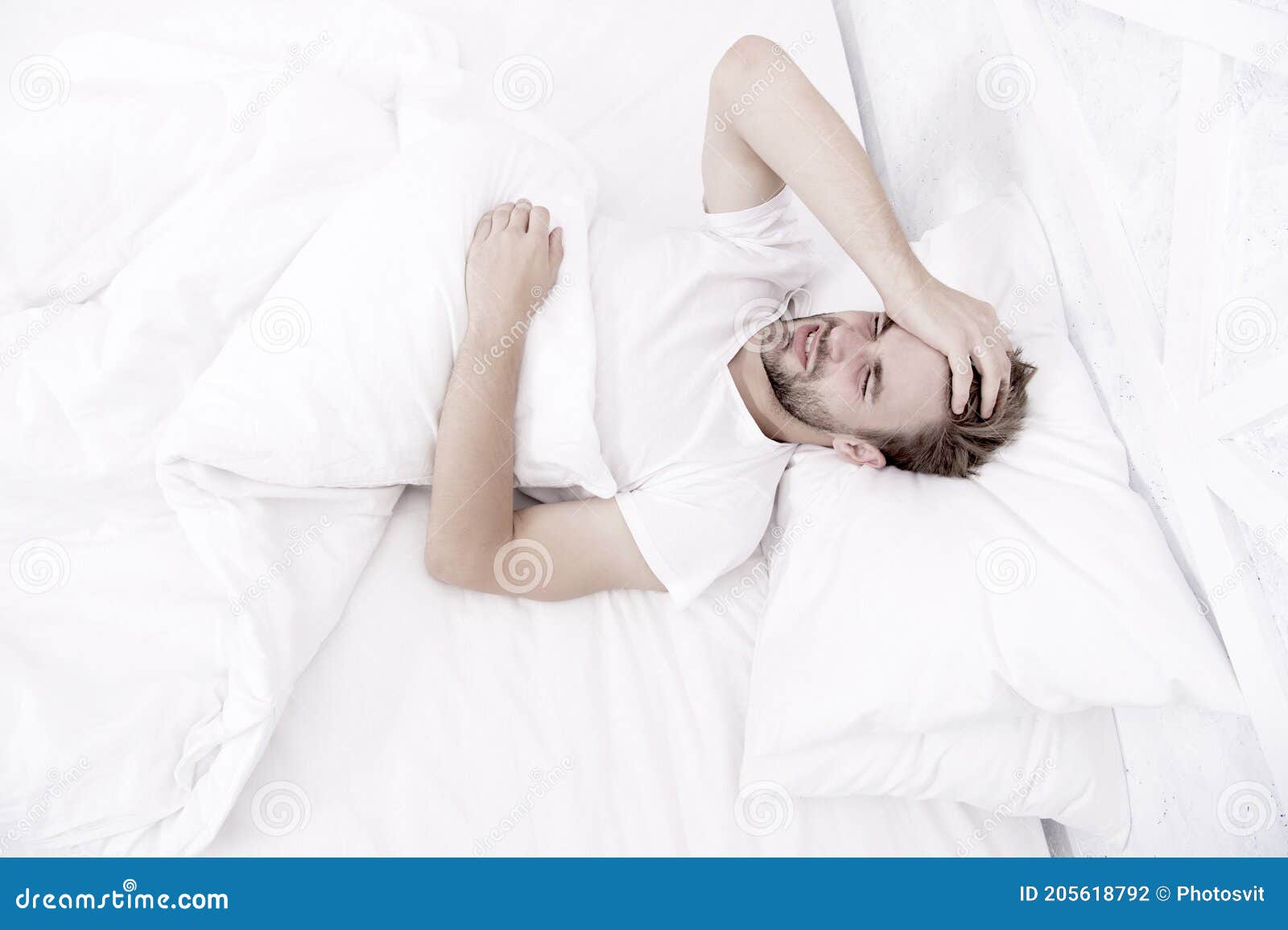 limit activities in bed. guy had sleepless night. male health concept. peacefulness concept. tired man sleep in bed