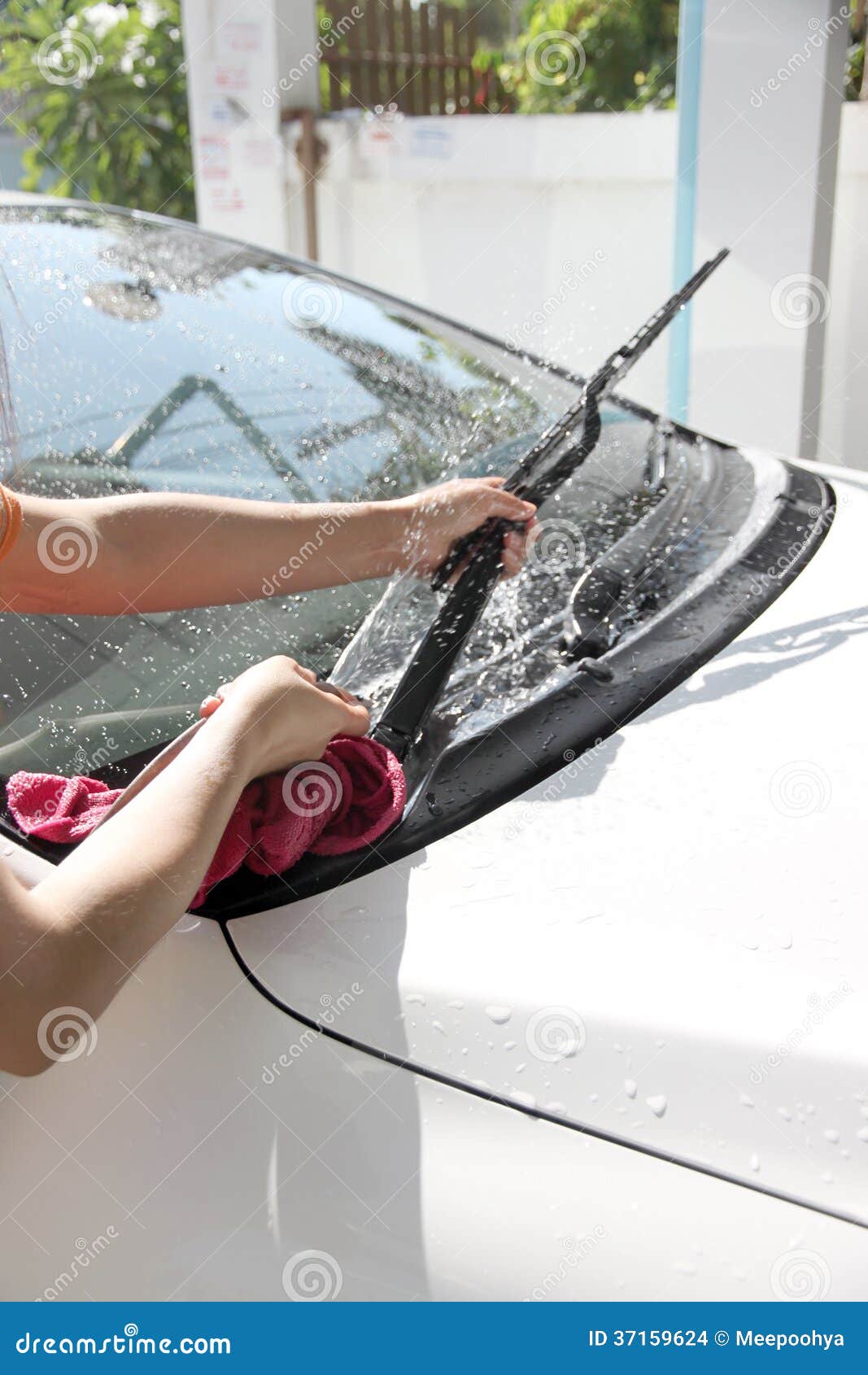 Limpiaparabrisas Que Se Lava Del Coche Blanco Con La Manguera Del Agua.  Foto de archivo - Imagen de casa, mojado: 37159624