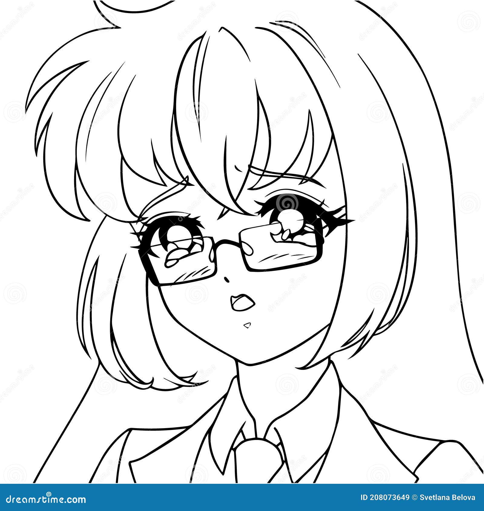 Linda Chica De Anime Con El Pelo Largo Usando Gafas. Ilustración del Vector  - Ilustración de historieta, pegatina: 208073649
