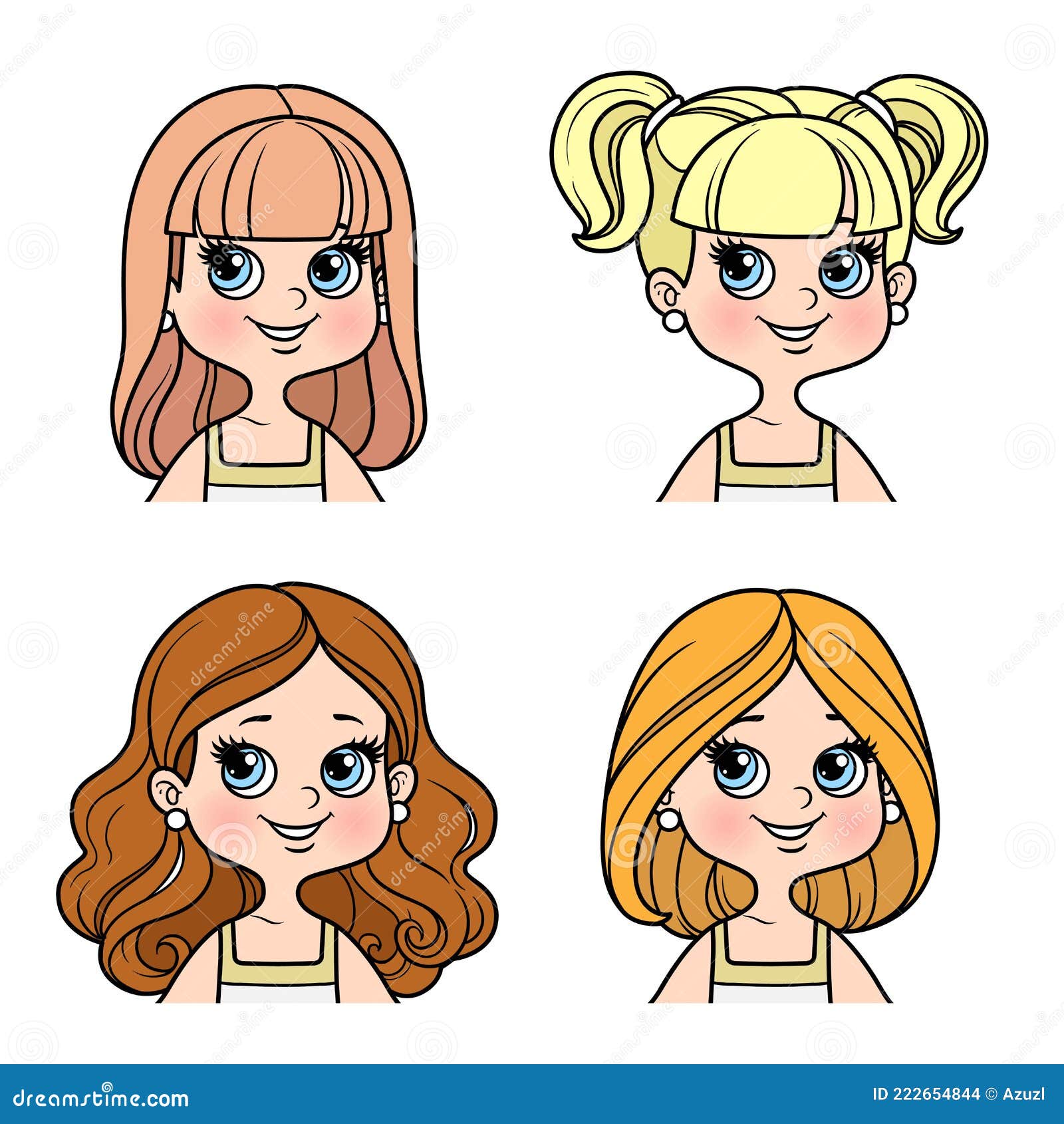 Linda Chica De Dibujos Animados Cuatro Opciones De Peinado Variación De  Color Para Colorear Sobre Un Blanco Ilustración del Vector - Ilustración de  pelo, poco: 222654844
