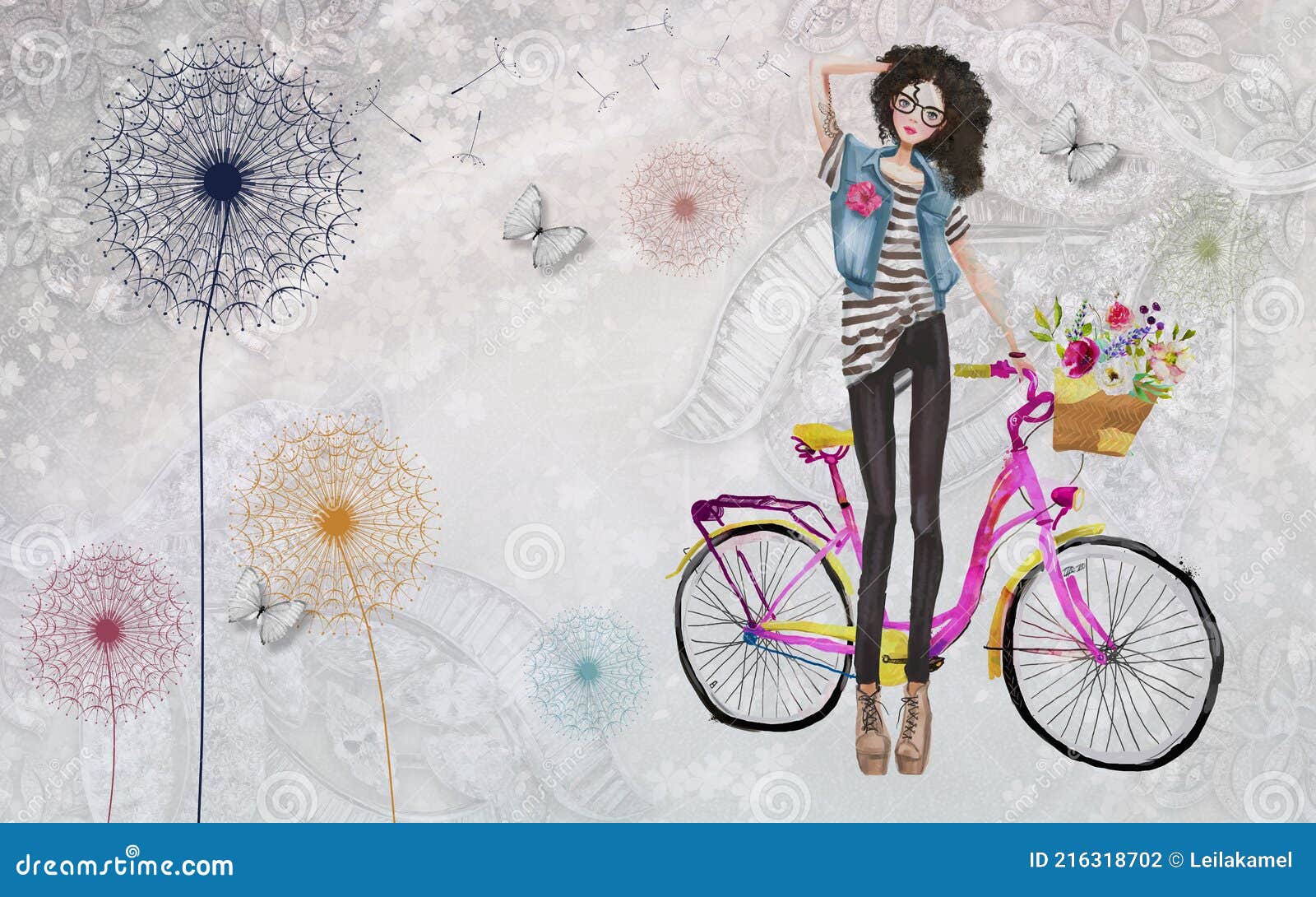 Linda Chica De Moda En La Bicicleta Rosa Con Flores 3d Fondo De Pantalla  Textere Stock de ilustración - Ilustración de coloreado, antigüedad:  216318702