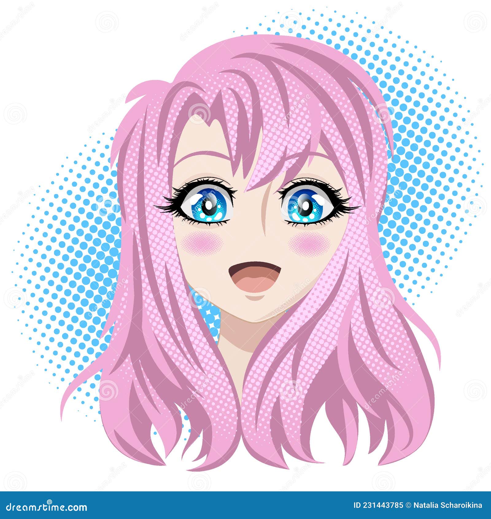 Desenho animado no estilo kawaii de uma linda garota com cabelo colorido  segurando uma boneca de cabelo cor-de-rosa