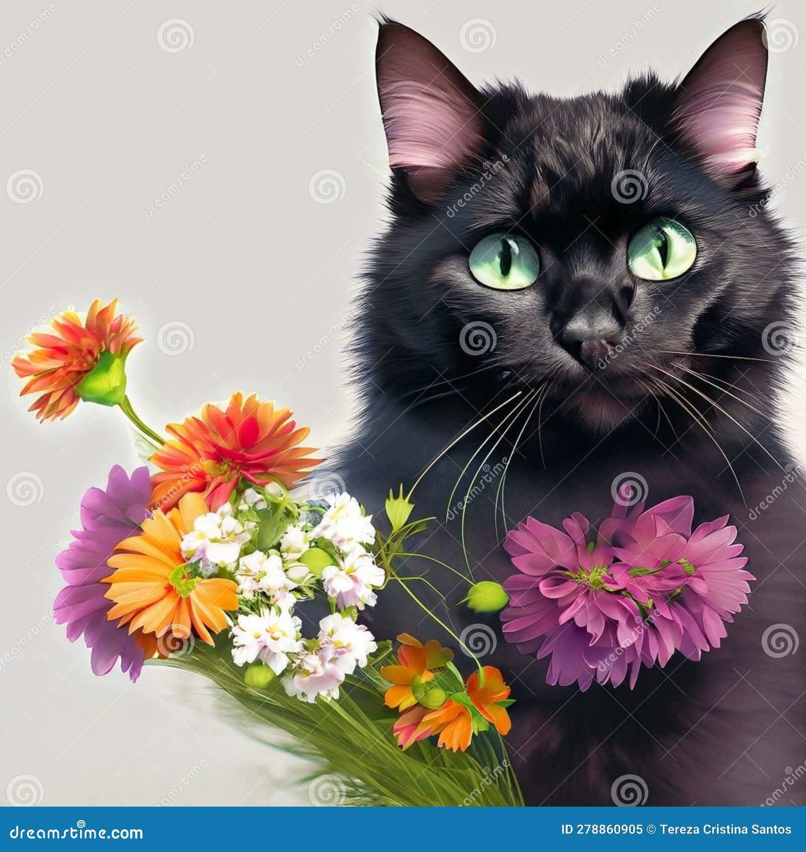 belo gato preto, peludo, olhos verdes com flores!