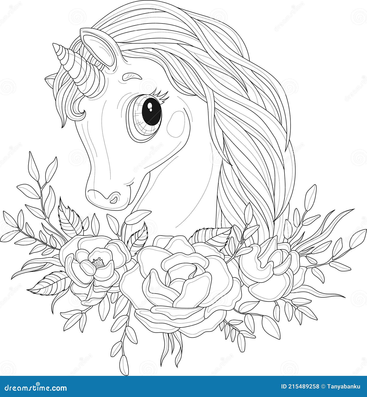 Linda Pequeña Criatura Unicornio En Flores De Rosa Con Hojas De Dibujo  Plantilla. Ilustración Vectorial De Dibujos Animados En Bla Ilustración del  Vector - Ilustración de lindo, terraplén: 215489258