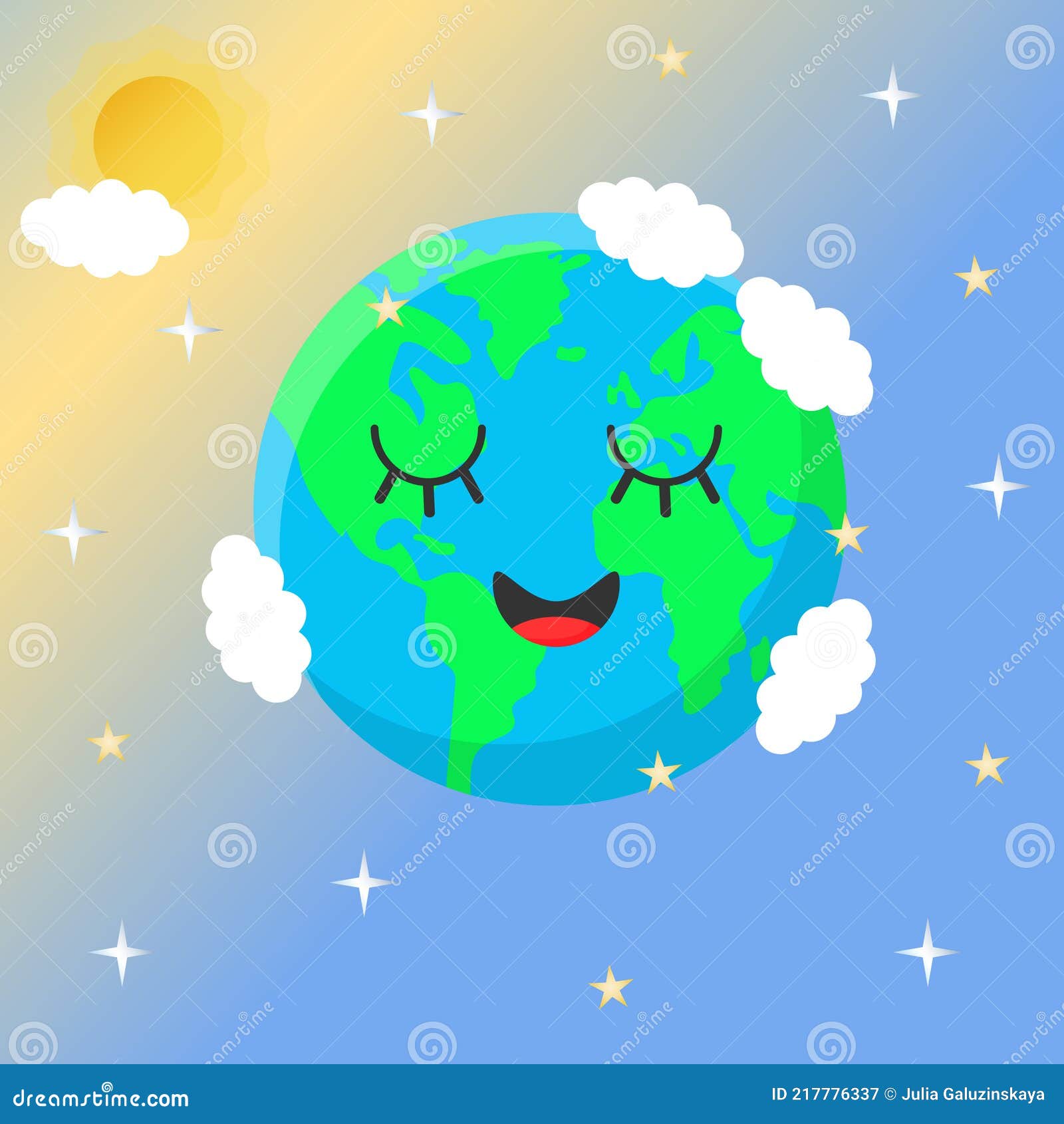 Lindo Dibujo Animado Azul Planeta Tierra Con Verdes Continentes Y Nubes.  Ilustración del Vector - Ilustración de cara, océano: 217776337