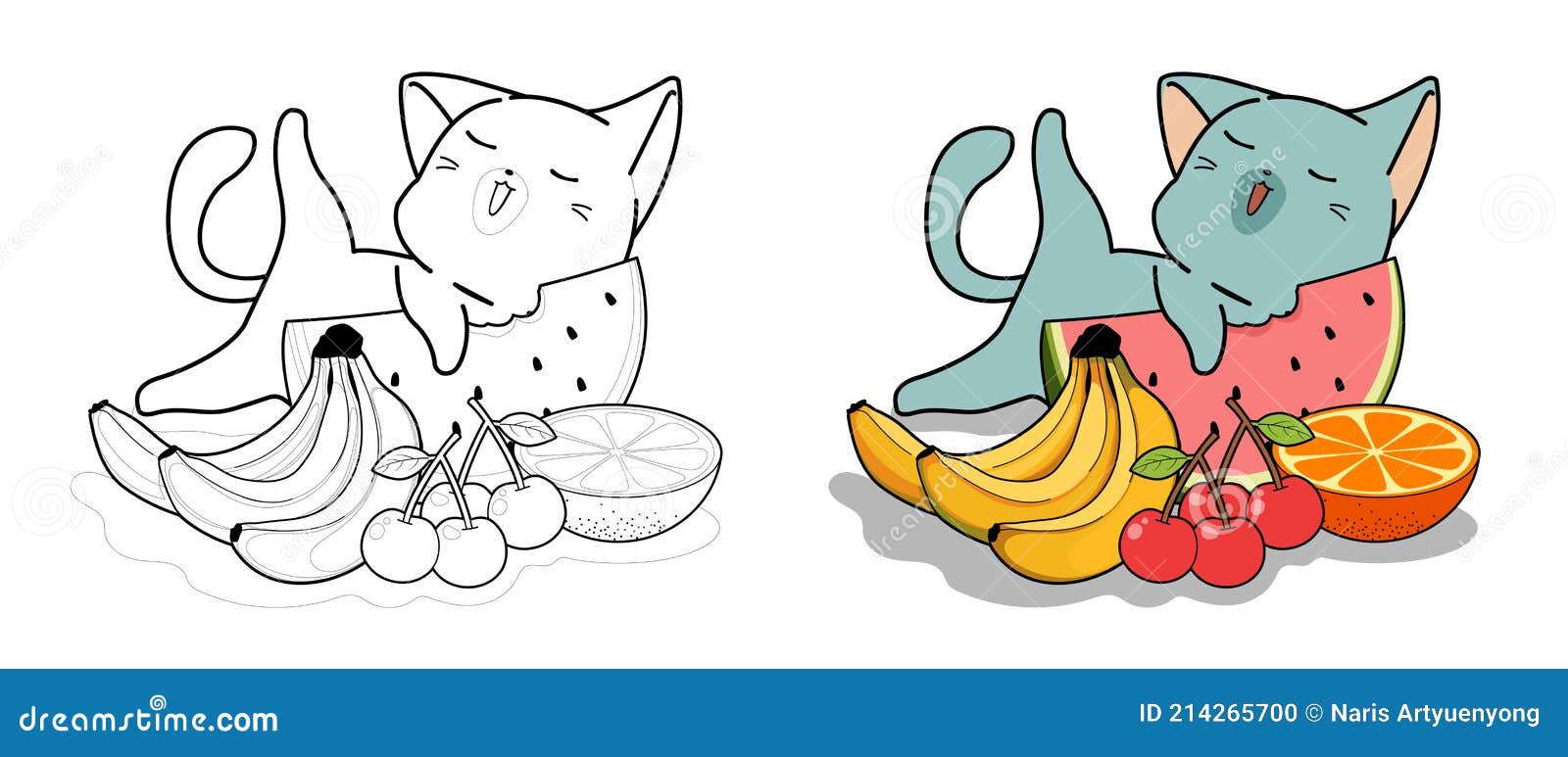 Lindo Gato Y Frutas Dibujos Animados Para Colorear Página Para Niños  Ilustración del Vector - Ilustración de arte, cereza: 214265700