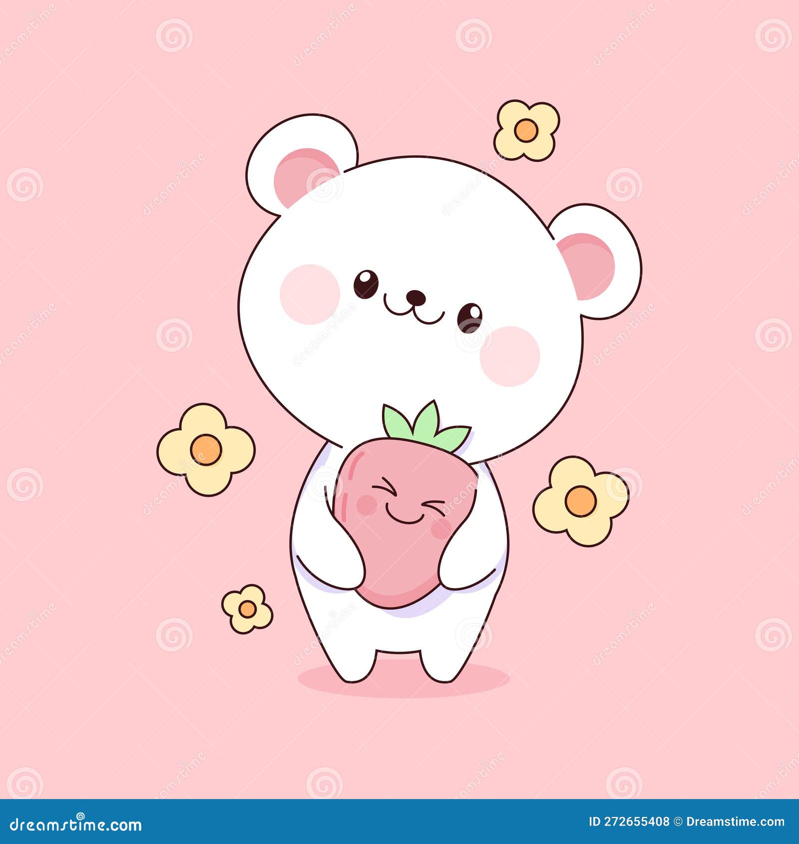 Lindo Oso De Peluche Blanco Kawaii Con Fresa Ilustración del Vector -  Ilustración de bebé, trazado: 272655408