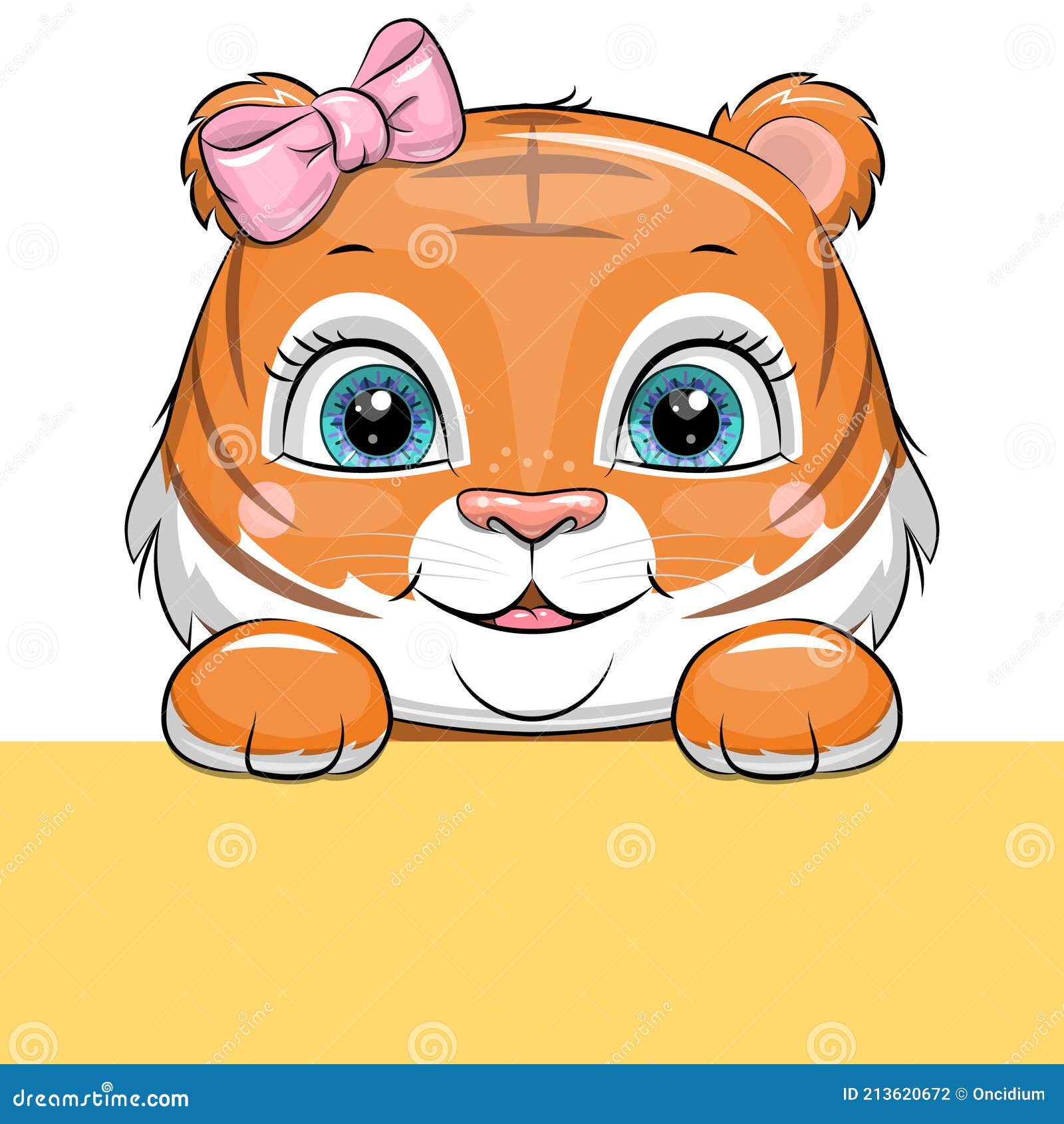 Lindo Tigre De Dibujos Animados Cabeza Con Arco Rosa Y Ojos Azules.  Ilustración del Vector - Ilustración de arqueamiento, fauna: 213620672