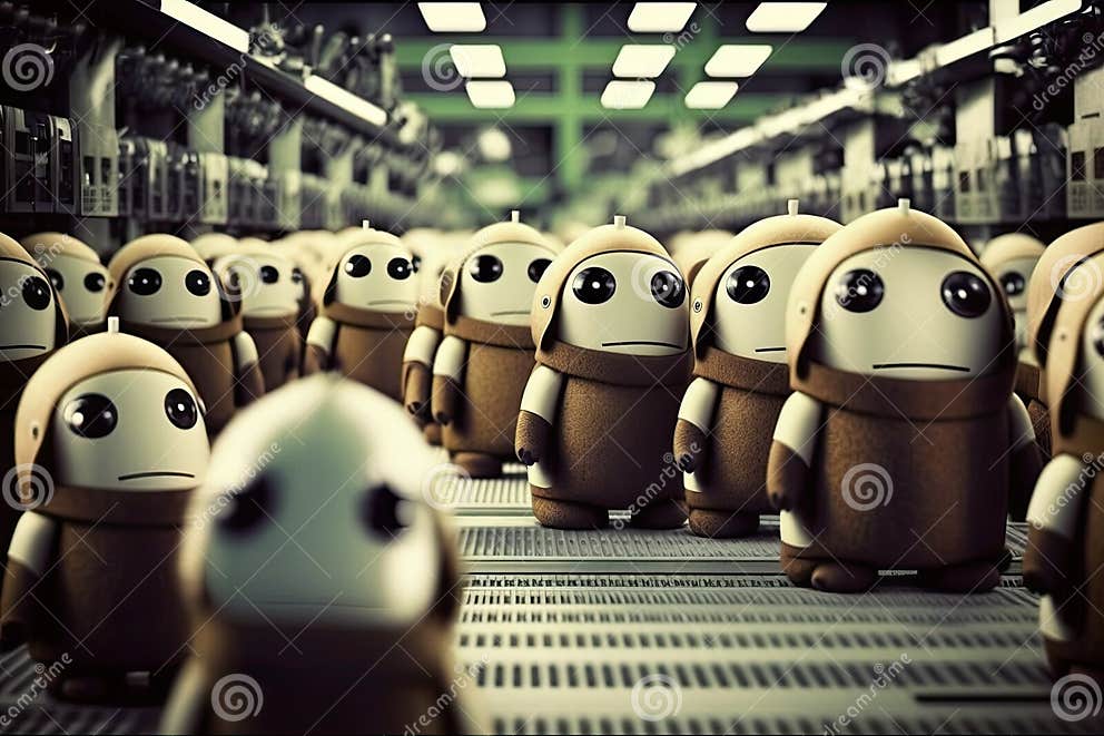 Line of Androids in Factory, Each Performing Its Own Task Stock Photo