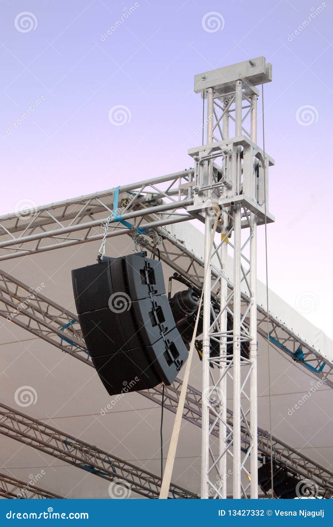 line array speakers on music stage