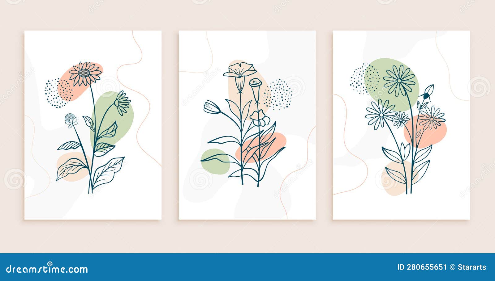 Line Art Abstract Flower and Leaves Poster in Set Stock Vector