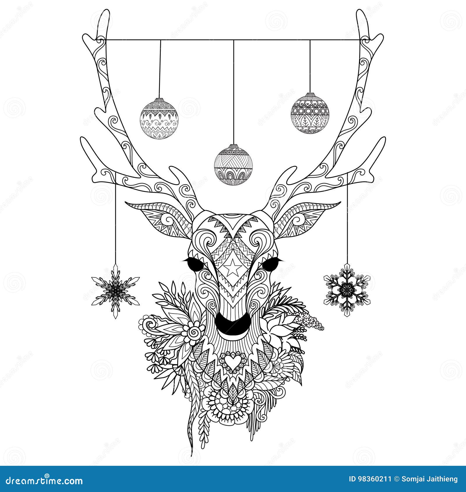 line art  of christmas deer head with decorative balls and snowflakes and flowers.  