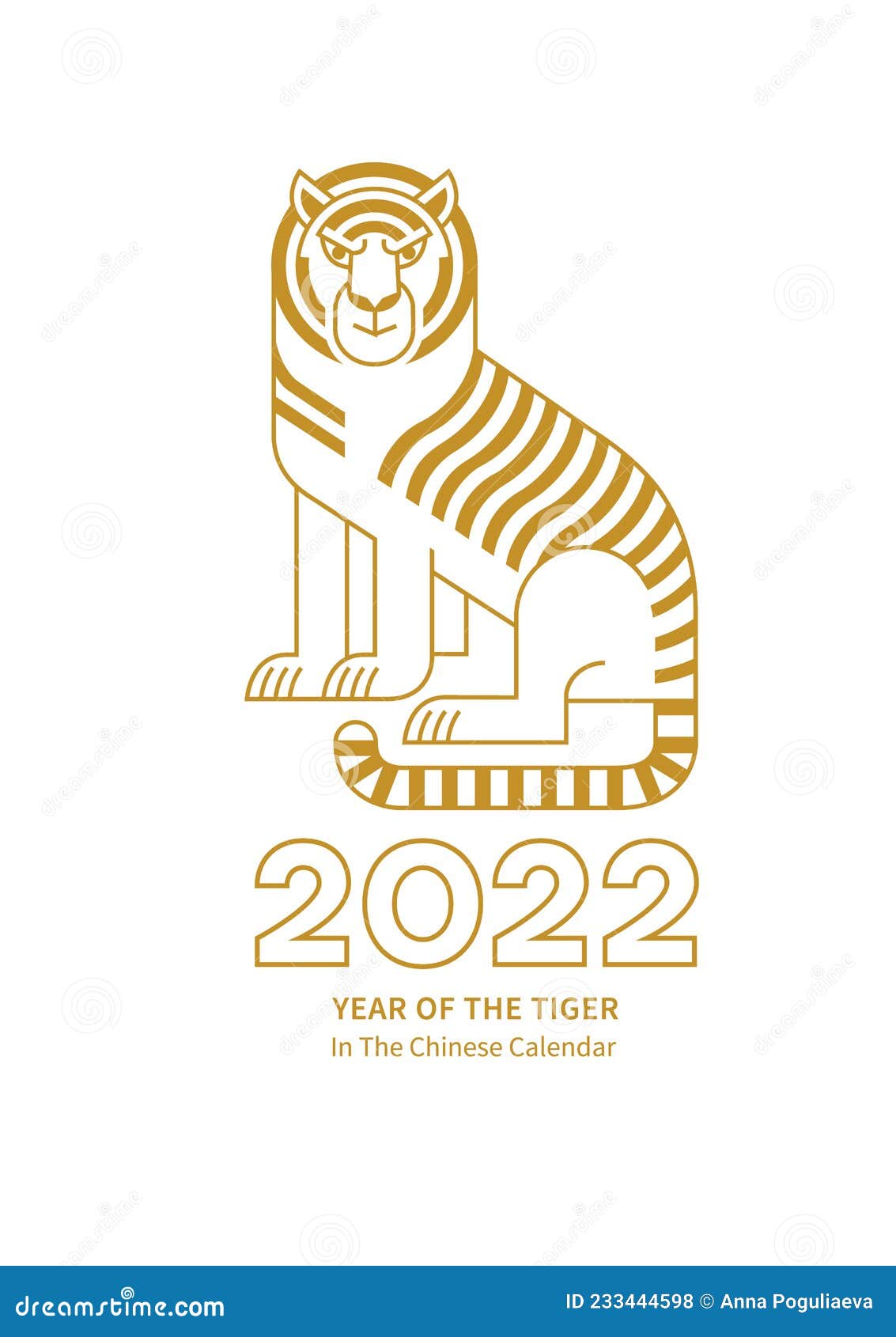 Line Art Gold Illustration of the Tiger Zodiac Sign, Symbol of 2022 on