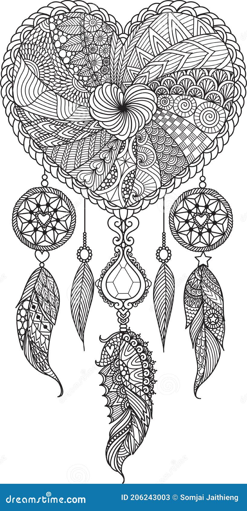 Line Art Heart Shape Dream Catcher for Coloring Book, Coloring Page