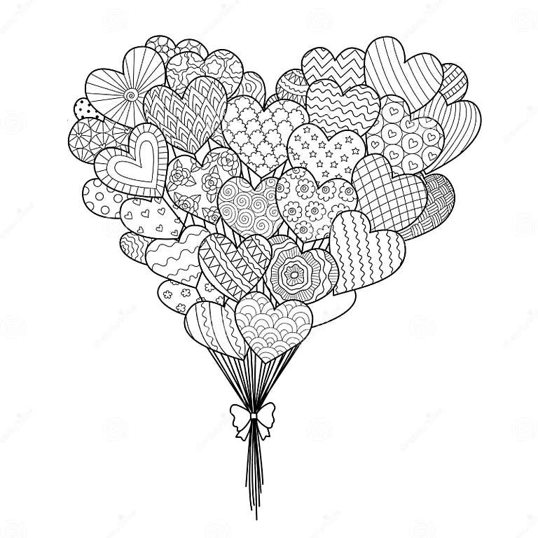 Line Art of Hearted Shape Balloons for Design Element and Coloring Book ...