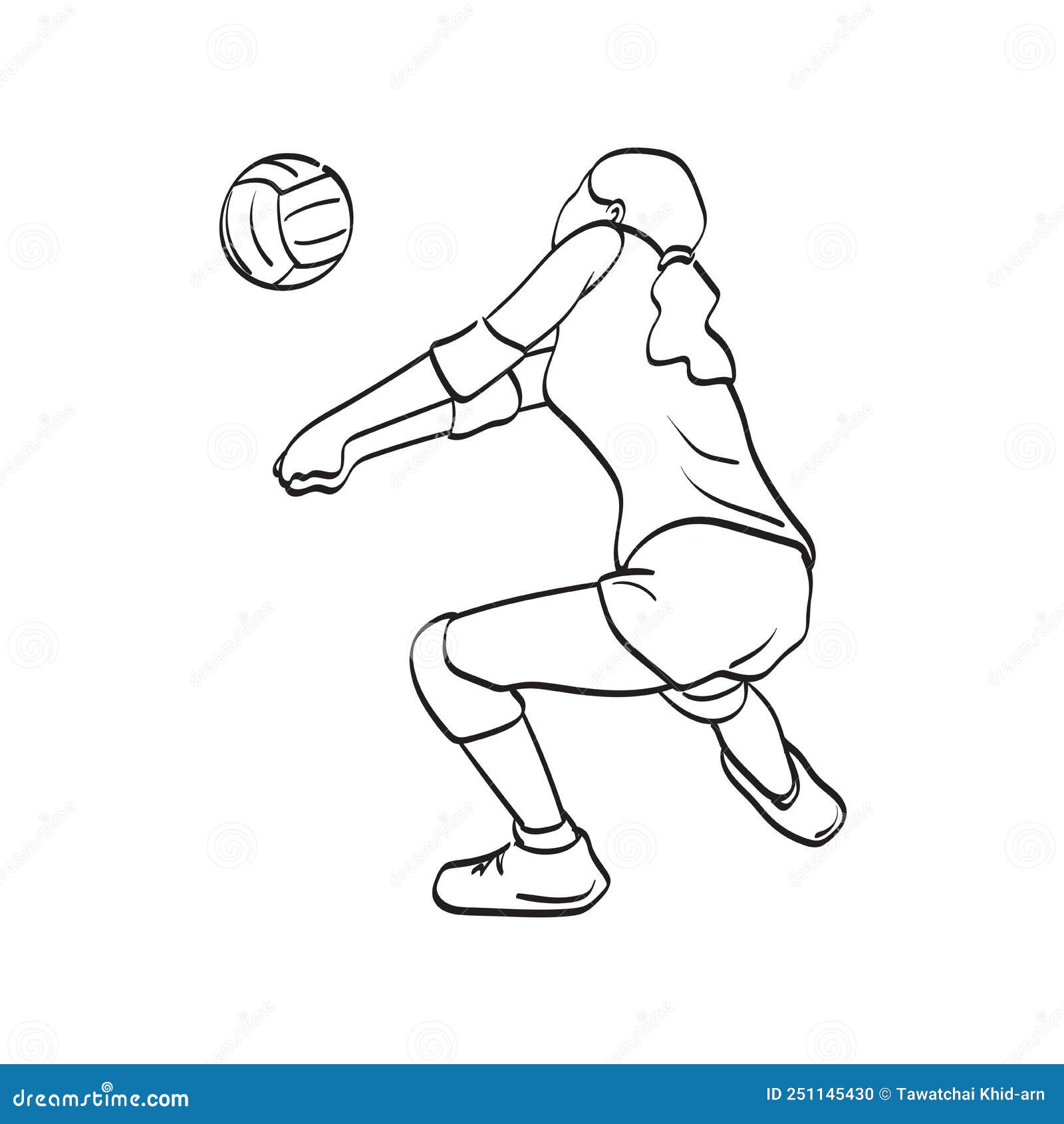 Line Art Rear View of Female Volleyball Player Illustration Vector Hand ...