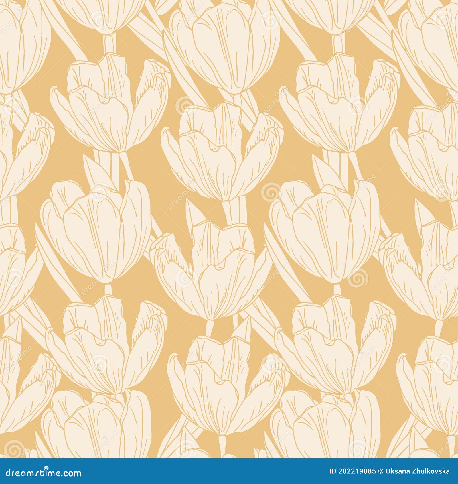 Line Art Tulips Flower, Spring Background. Seamless Pattern for Textile