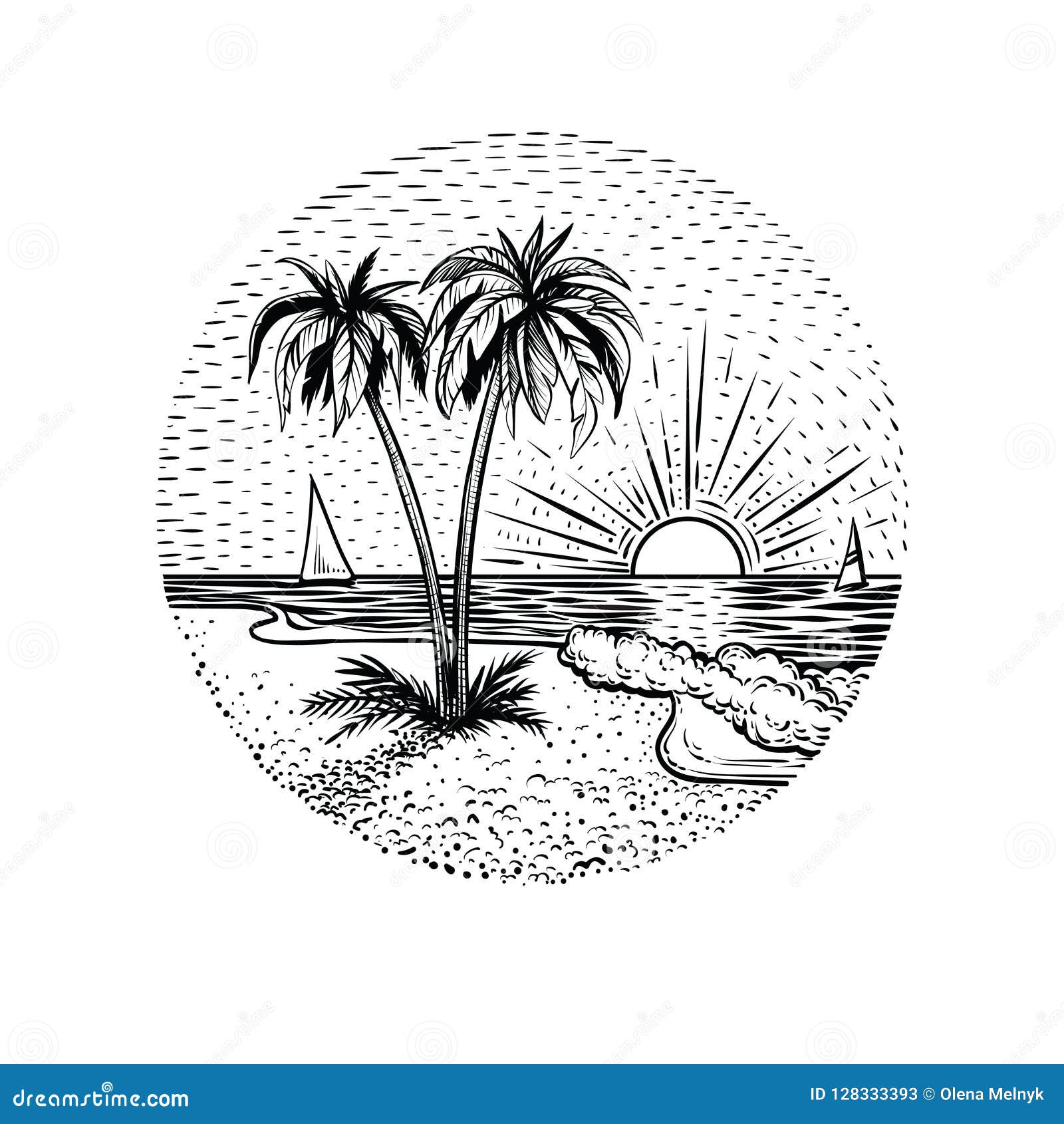 Line Beach Landscape with Palms and Sunset. Round Emblem, Card, Tattoo or  Design Element. Stock Vector - Illustration of design, drawing: 128333393