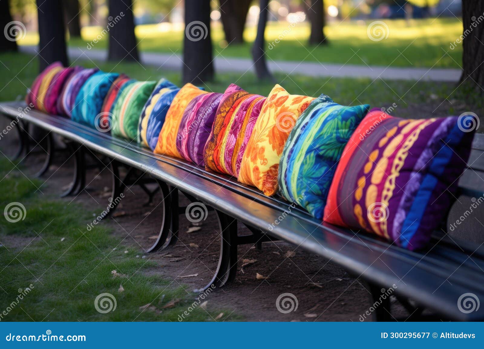 A Line of Bright, Multicolored Cushions on a Park Bench Stock Image