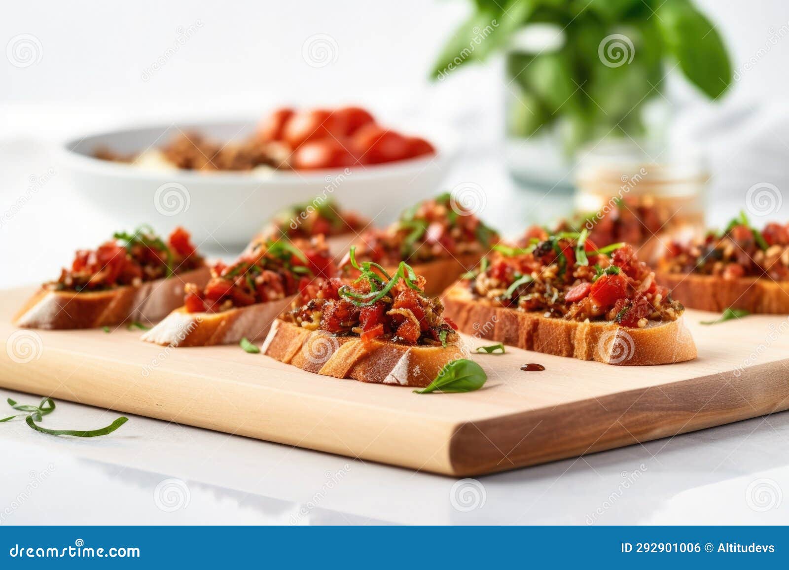 A Line of Bruschetta with Sundried Tomatoes on a Minimalist Kitchen
