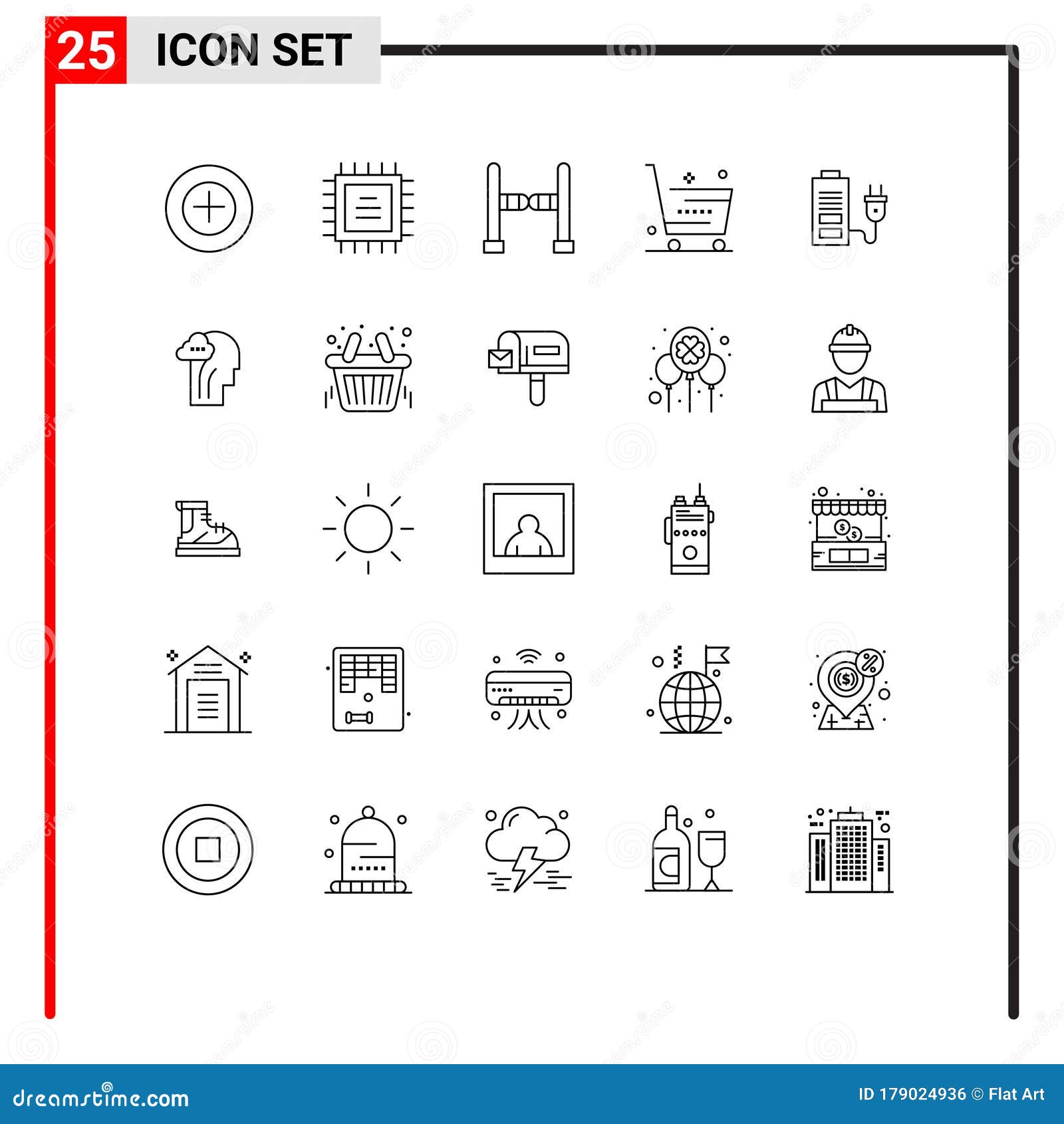 25 line concept for websites mobile and apps plug, battery, swing, acumulator, shop