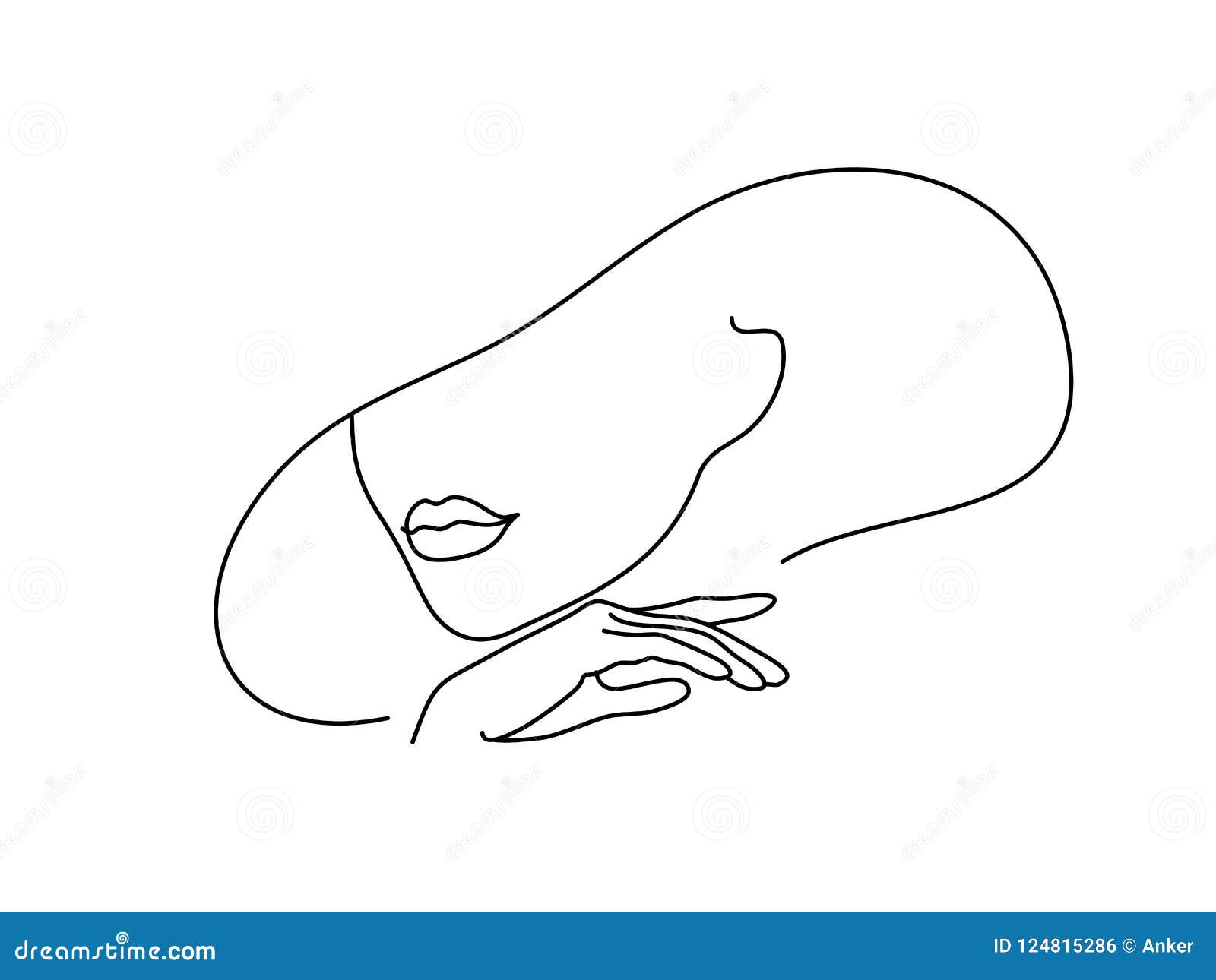 line drawing art. woman face with hand