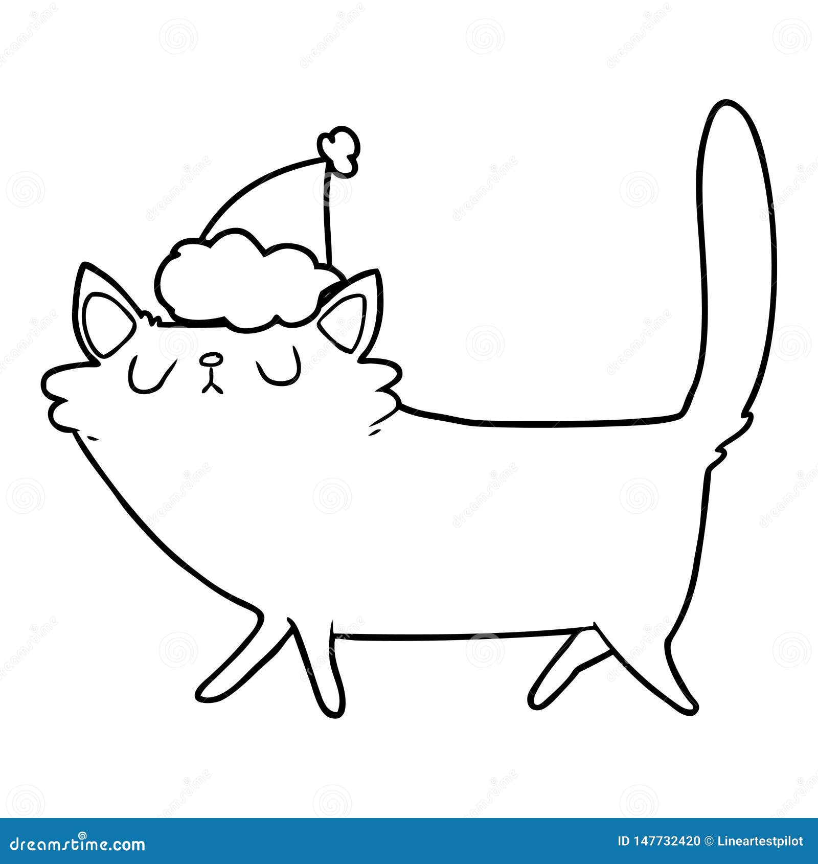 Line Drawing of a Black Cat Wearing Santa Hat Stock Vector