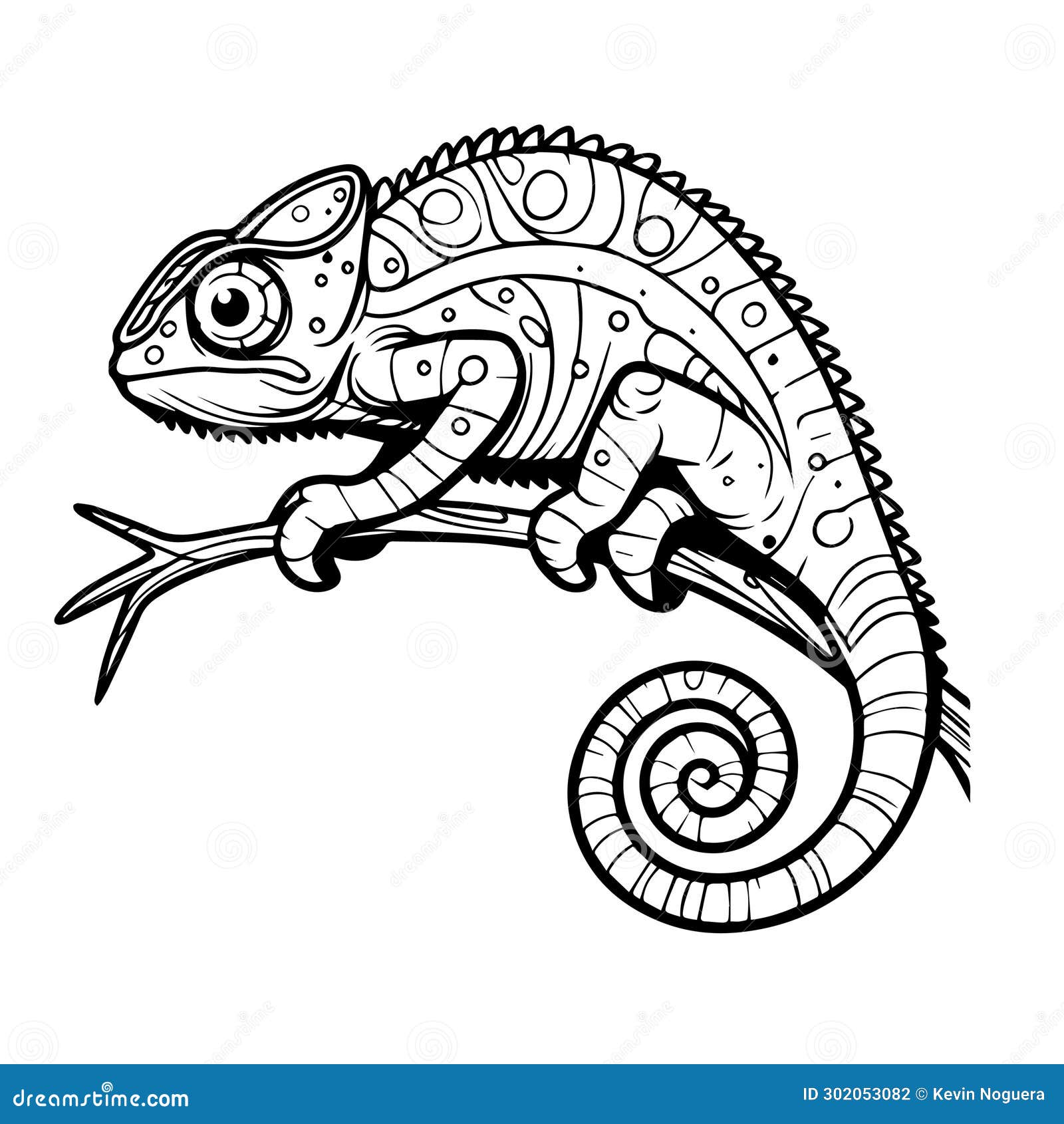 line drawing of a chameleon in black and white for coloring 