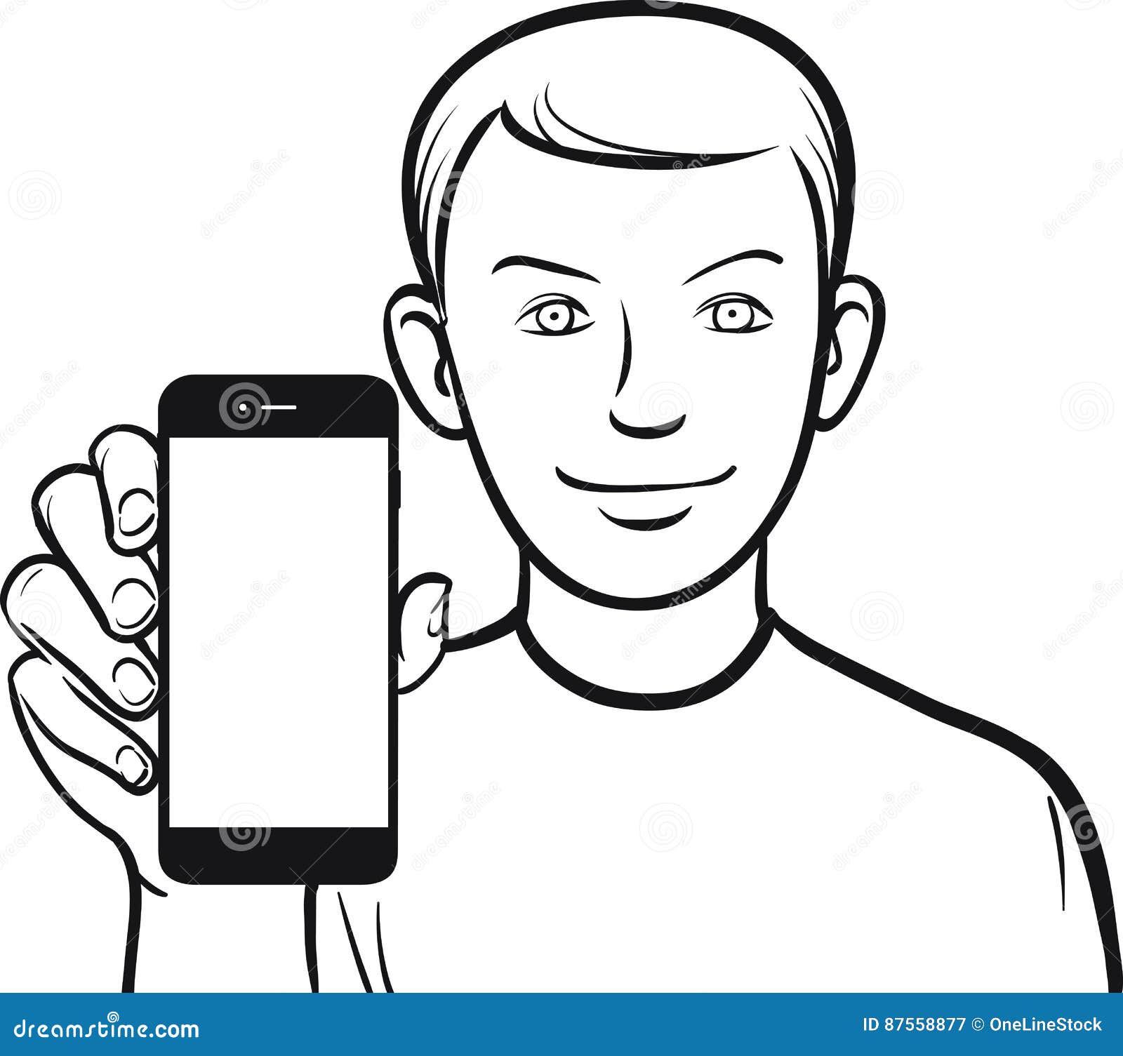 Line Drawing Of A Happy Young Man Showing A Mobile App On