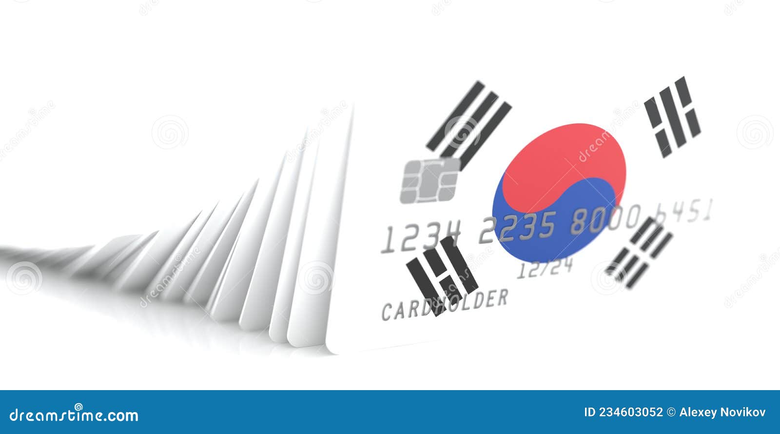 Line of Fallen Credit Cards with Flags of South Korea on White
