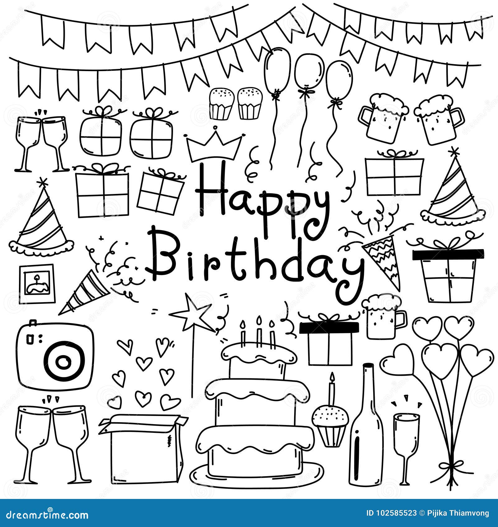 Line Hand Drawn Doodle Vector Happy Birthday Set. Stock Vector
