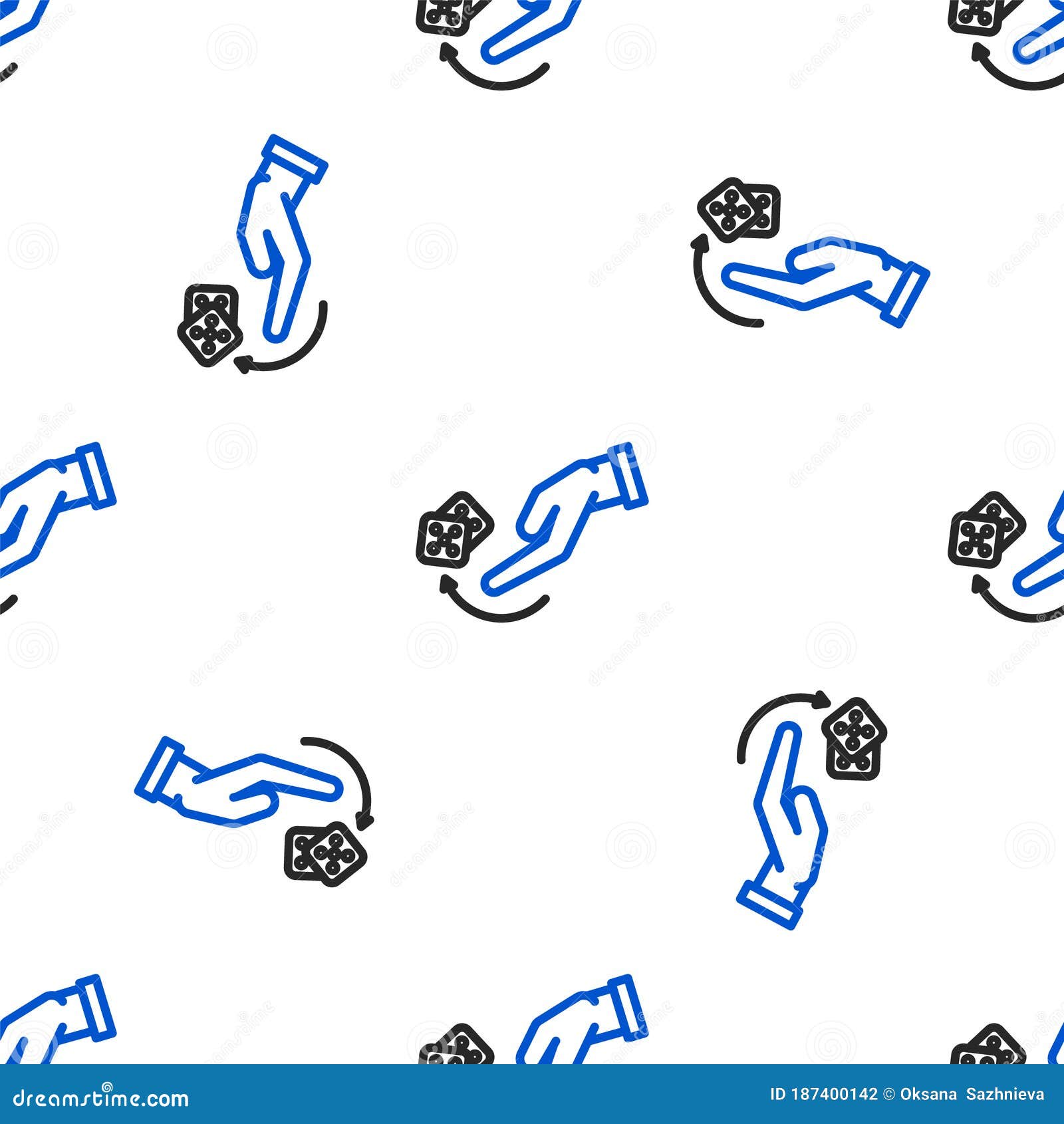 line human hand throwing game dice icon  seamless pattern on white background. colorful outline concept. 