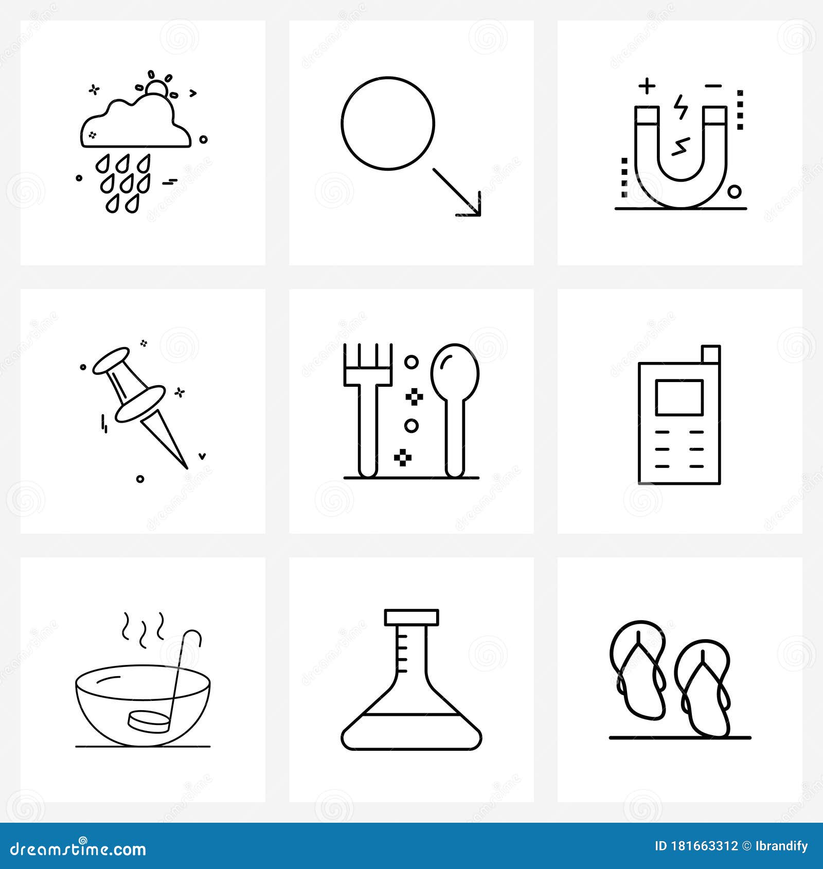 line icon set of 9 modern s of food, paper pin, down, pin, science