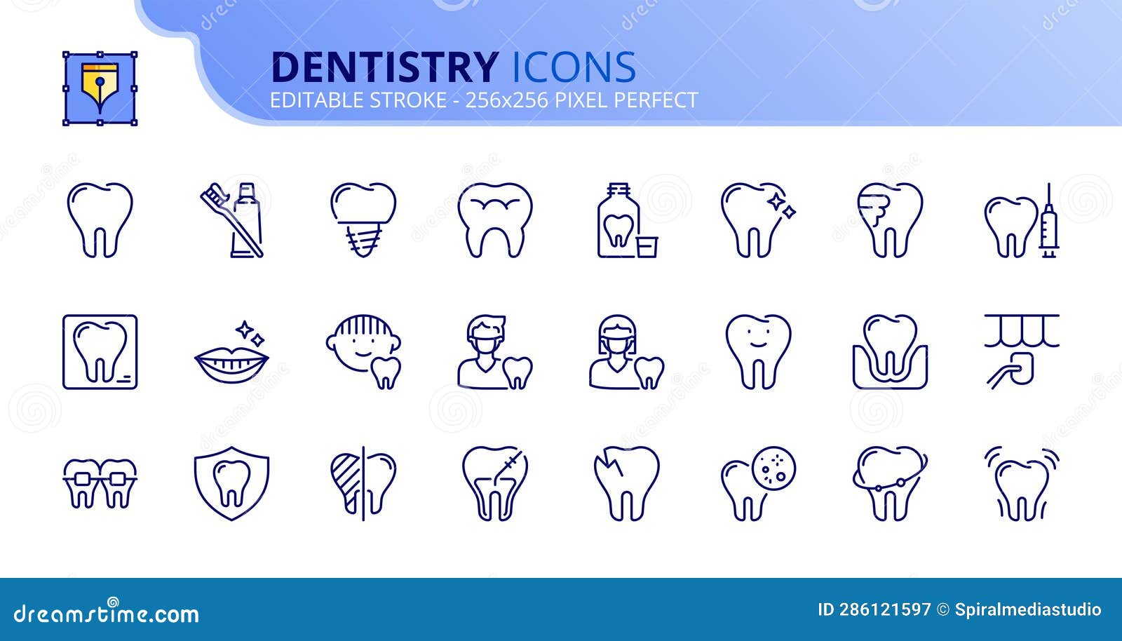 simple set of outline icons about dentistry and dental care