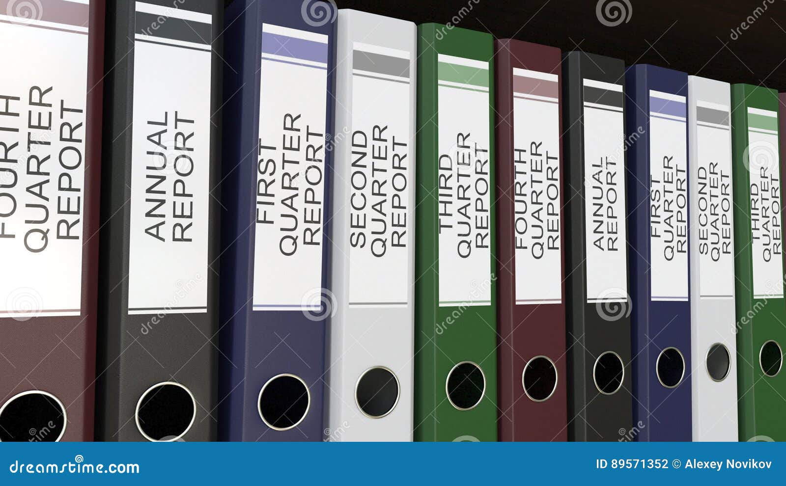 line of multicolor office binders with quarter and annual reports tags 3d rendering