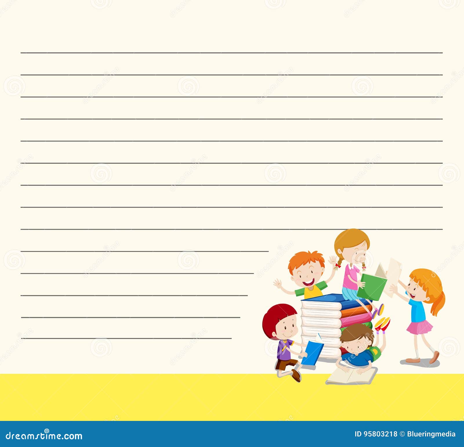 Line Paper Template with Kids Reading Books Stock Vector Illustration