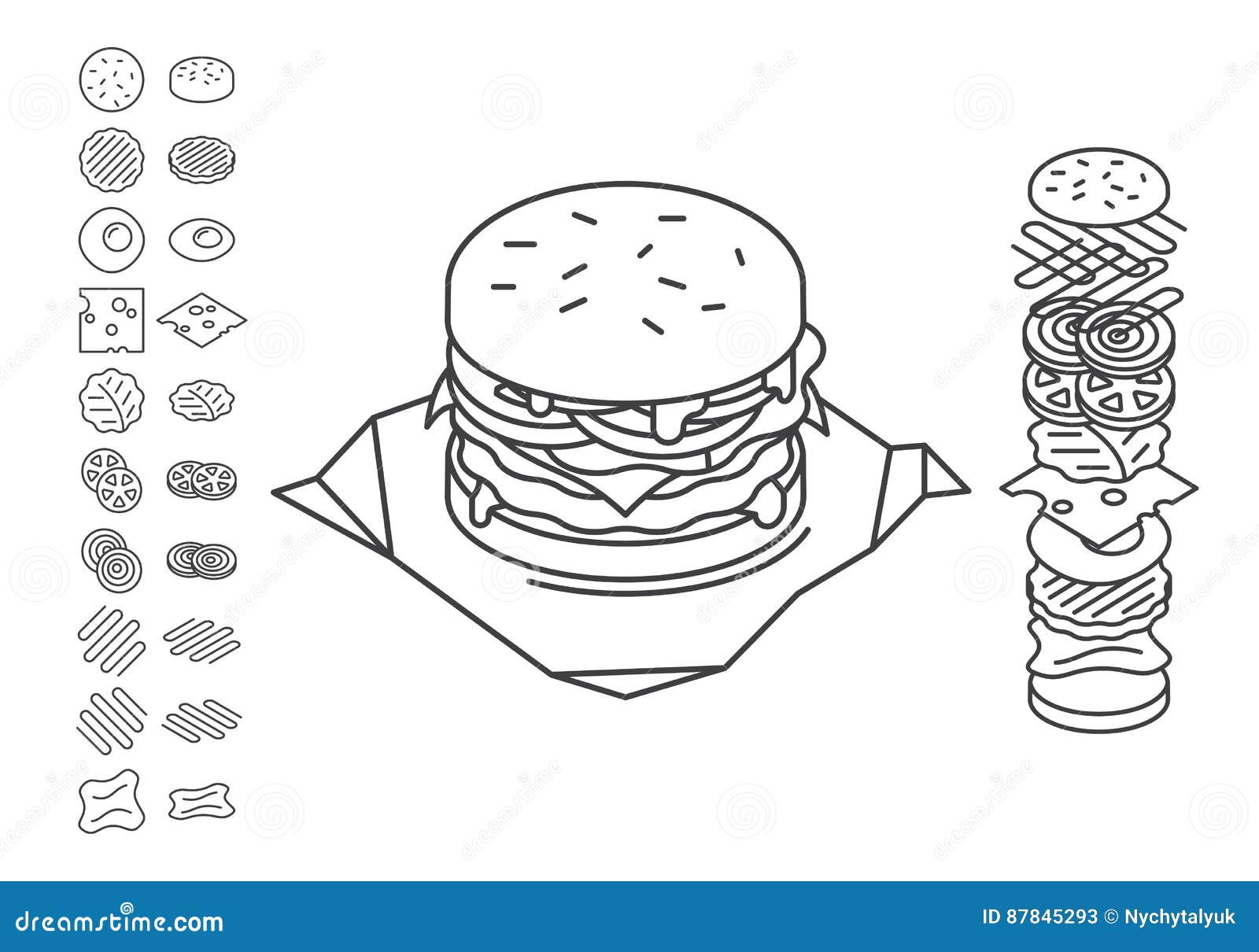 Line Style Sandwich Spread Out on Ingredients. Stock Vector