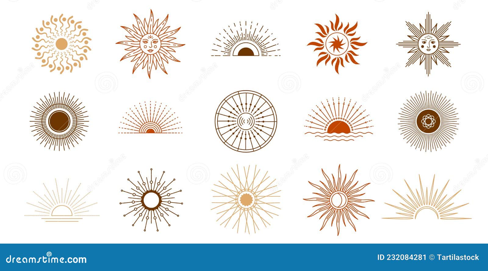Line Sunset and Sun Shine with Rays, Logo Elements. Yoga Meditation  Celestial Symbols Tattoo Stock Vector - Illustration of sunbeam, sparkle:  232084281
