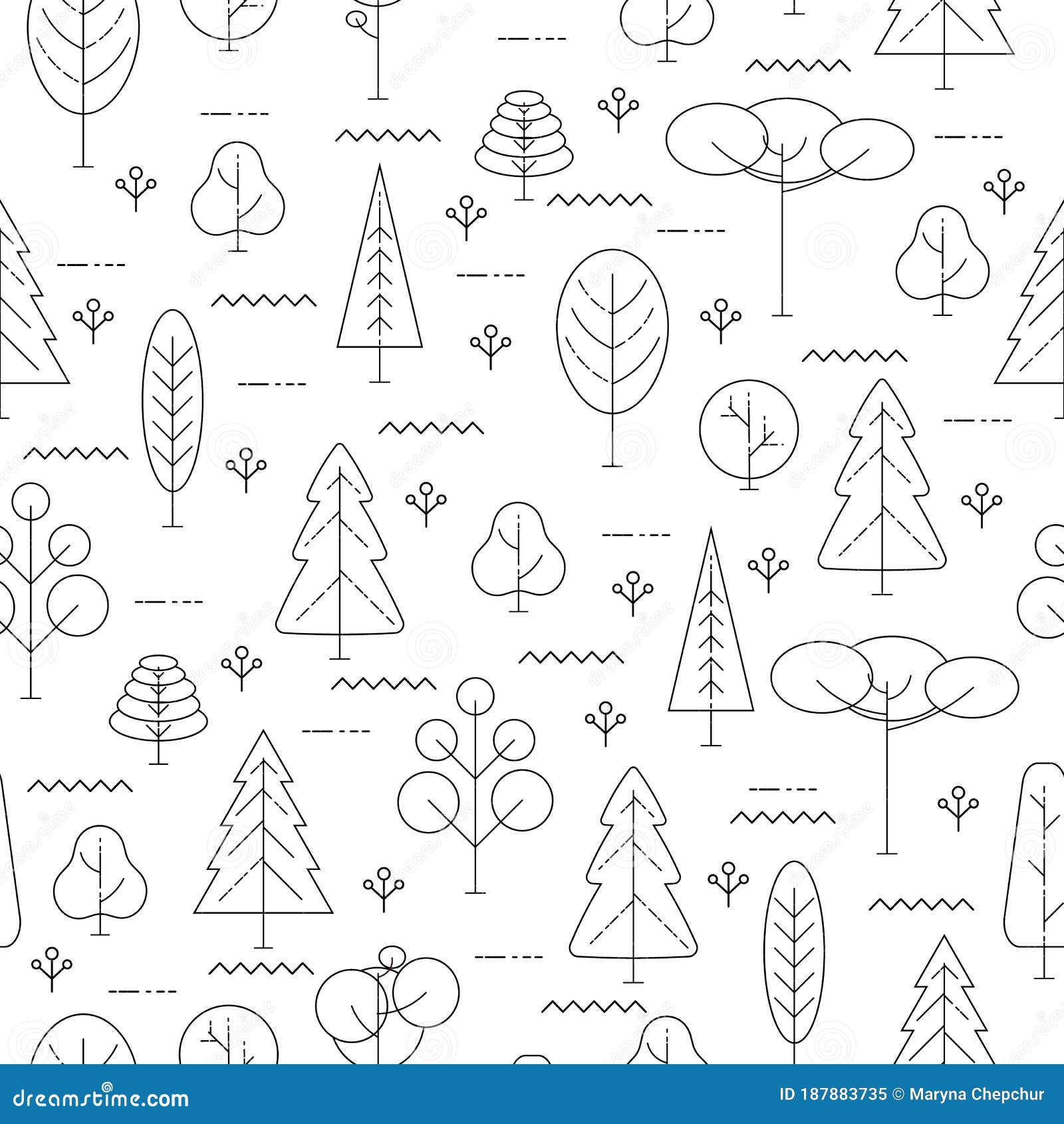 Line Trees on a White Background. Seamless Pattern. Flat Line Style ...