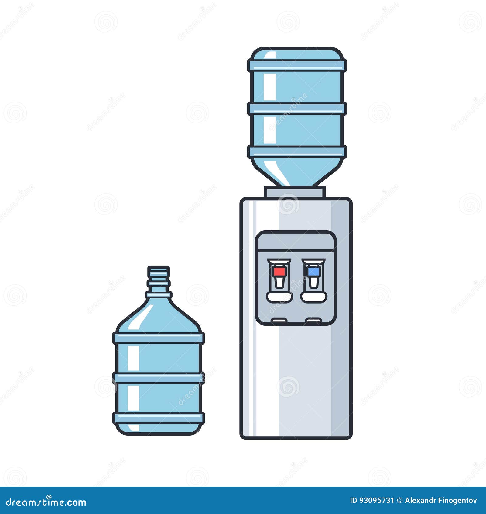 Line Vector Plastic Water Cooler with Blue Full Bottle. Flat
