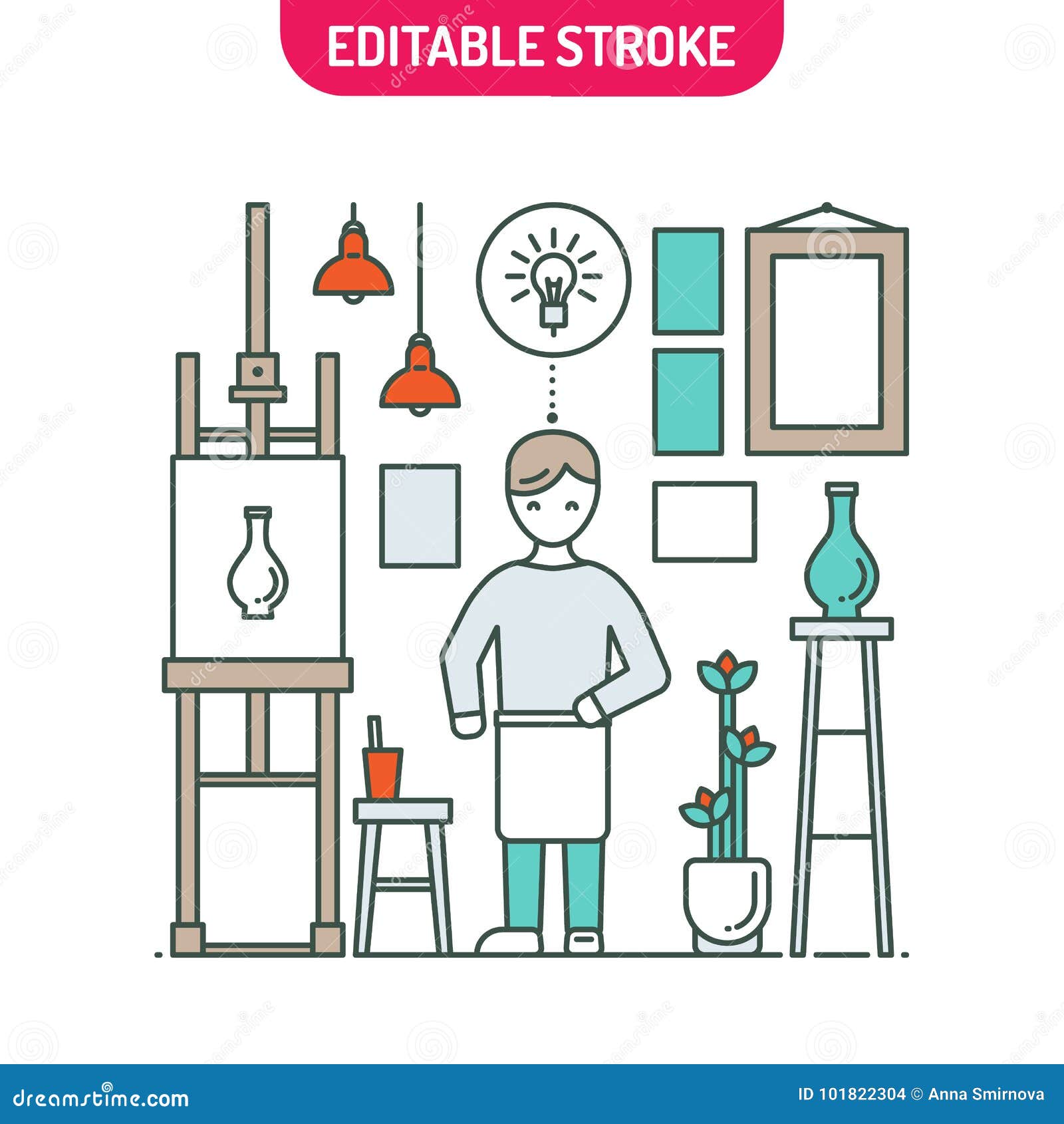 Linear Art Artist Painting Picture in Studio Line Art. Vector