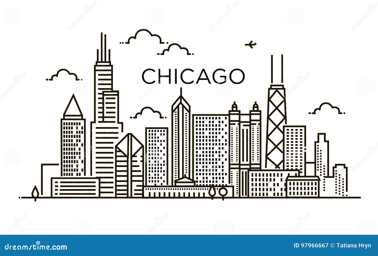 linear banner of chicago city. line art.