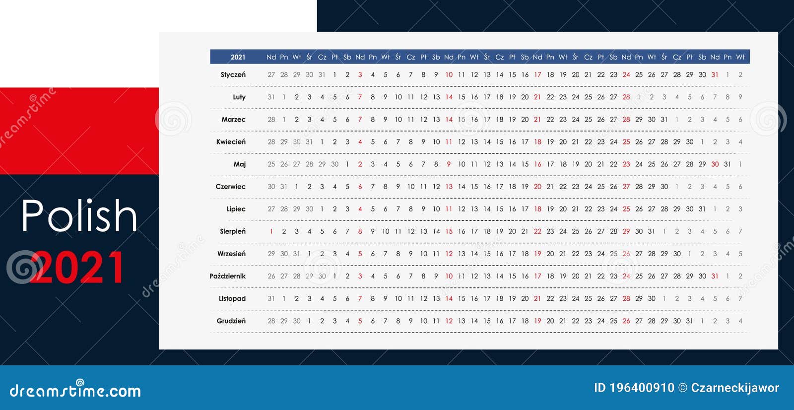 Linear Calendar 2021. Clear Design. Horizontal Grid with Selected