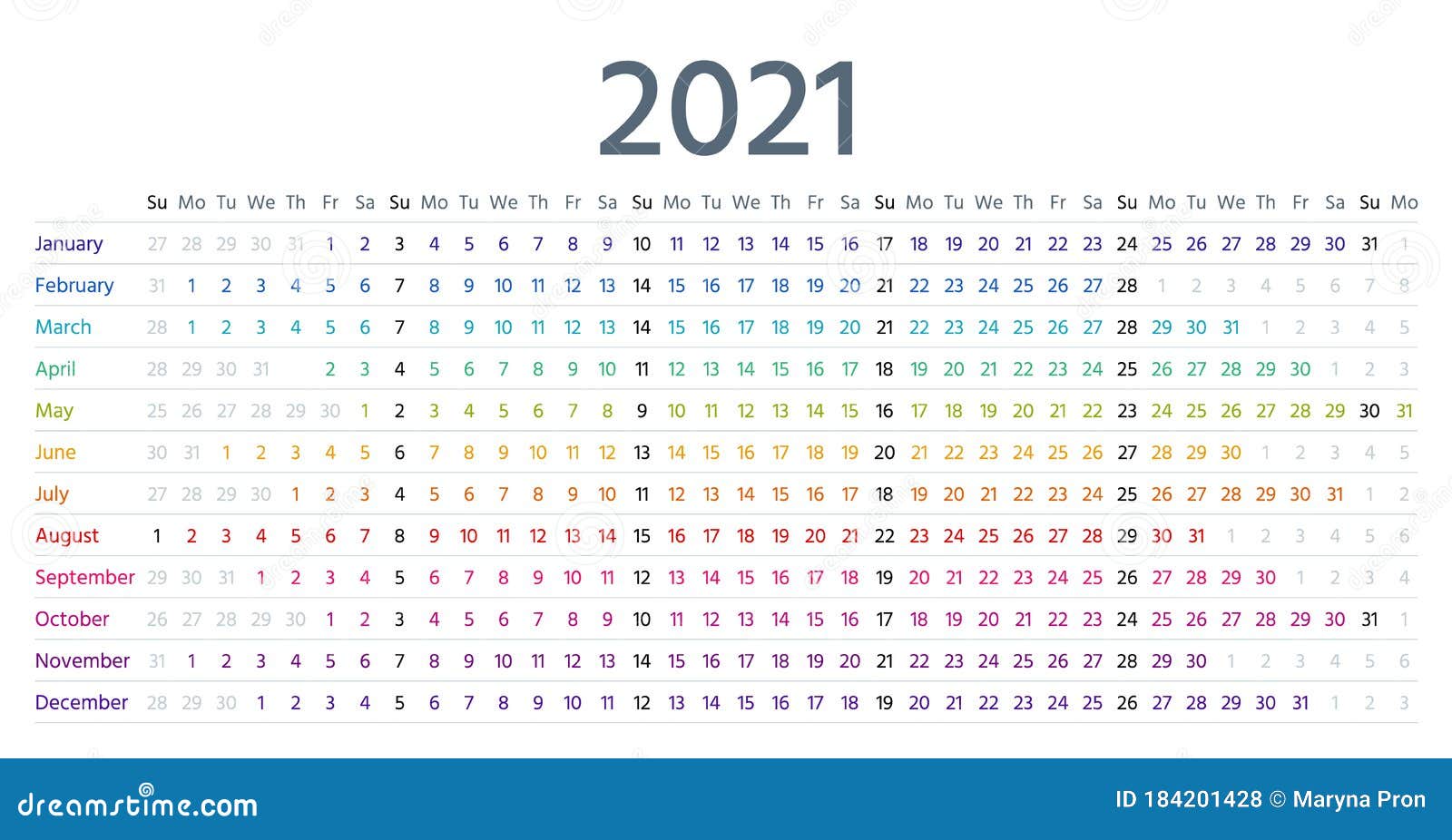 Printable 2021 Year Grid Style Template Calendar Design Images