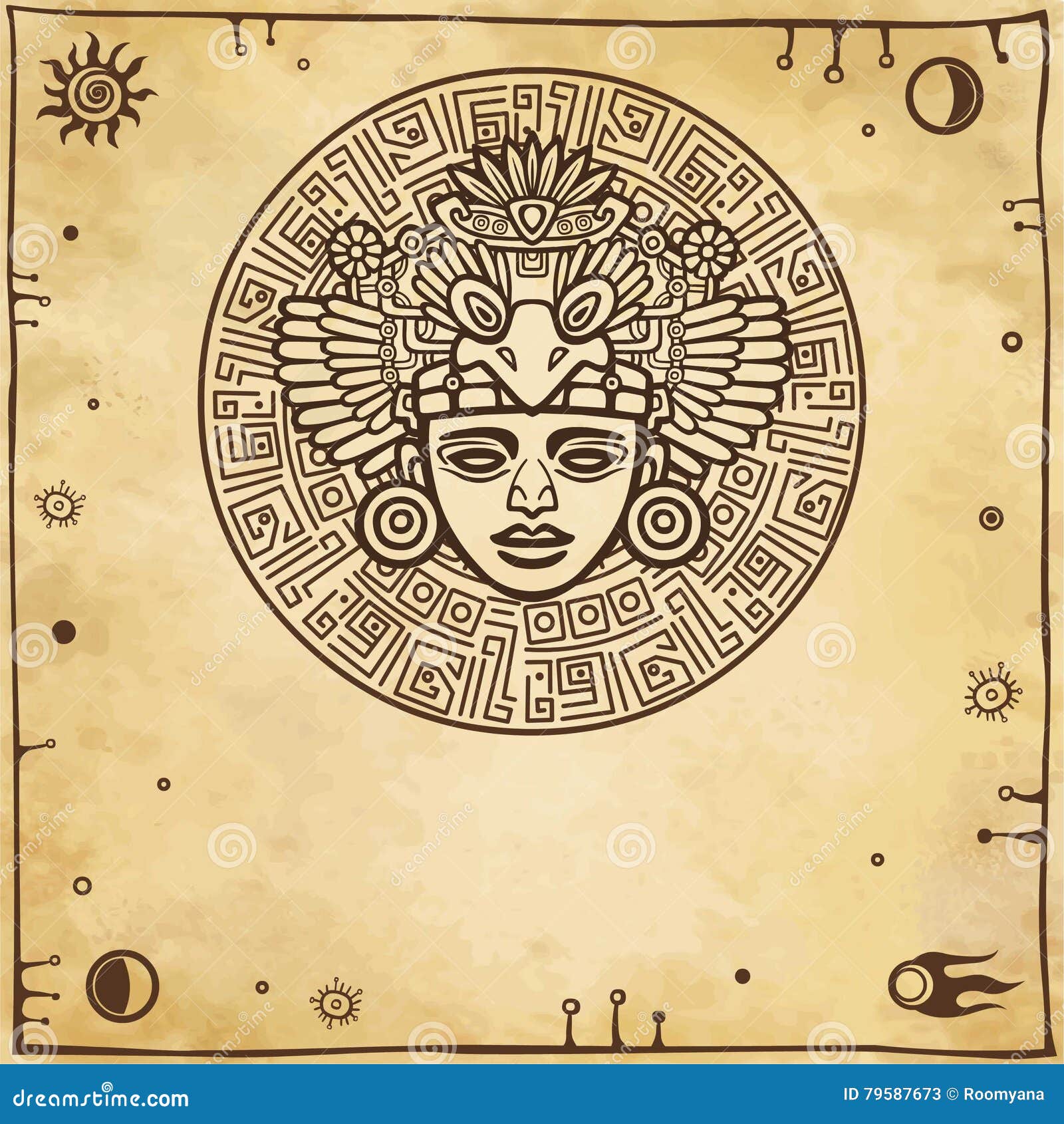 linear drawing: decorative image of an ancient indian deity. space s.