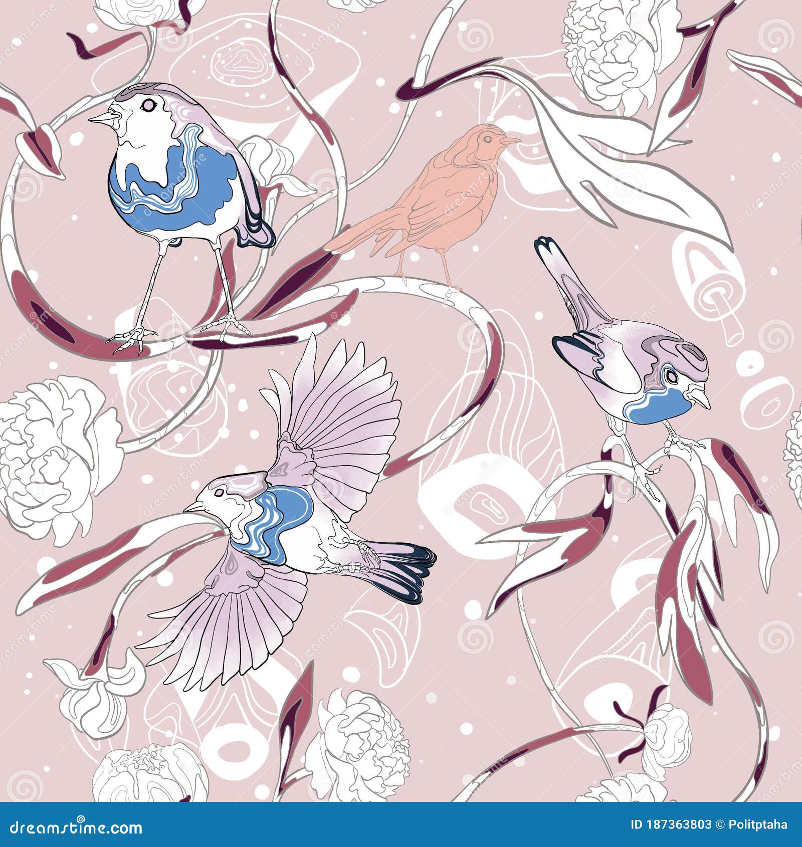 linear drawing of peonies and birds. seamless pattern. seamless pattern for