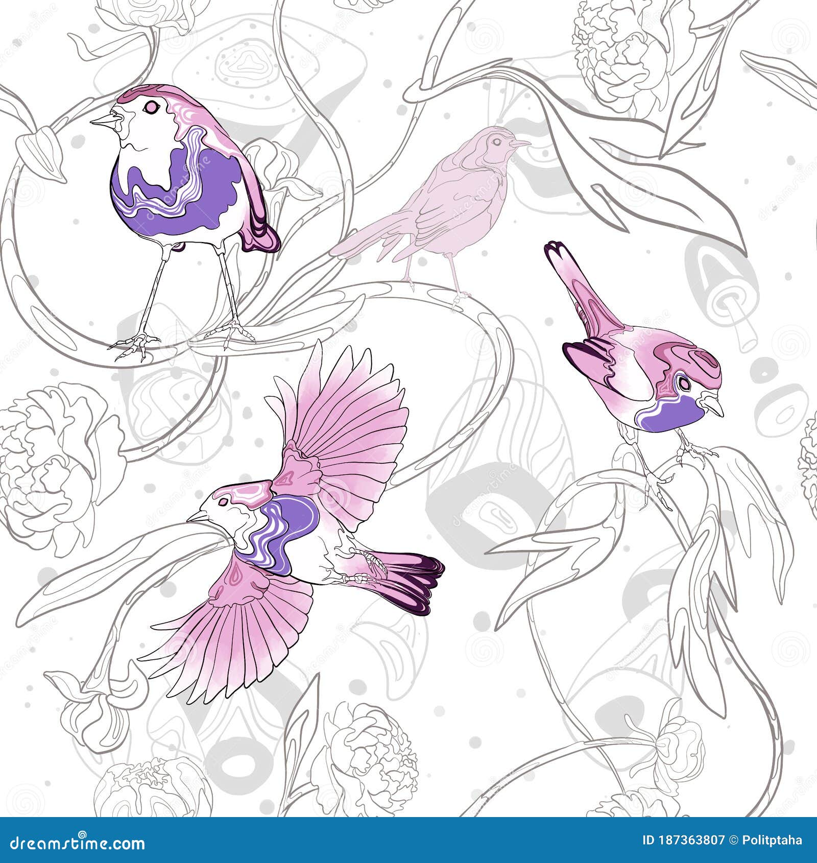 linear drawing of peonies and birds. seamless pattern. seamless pattern for