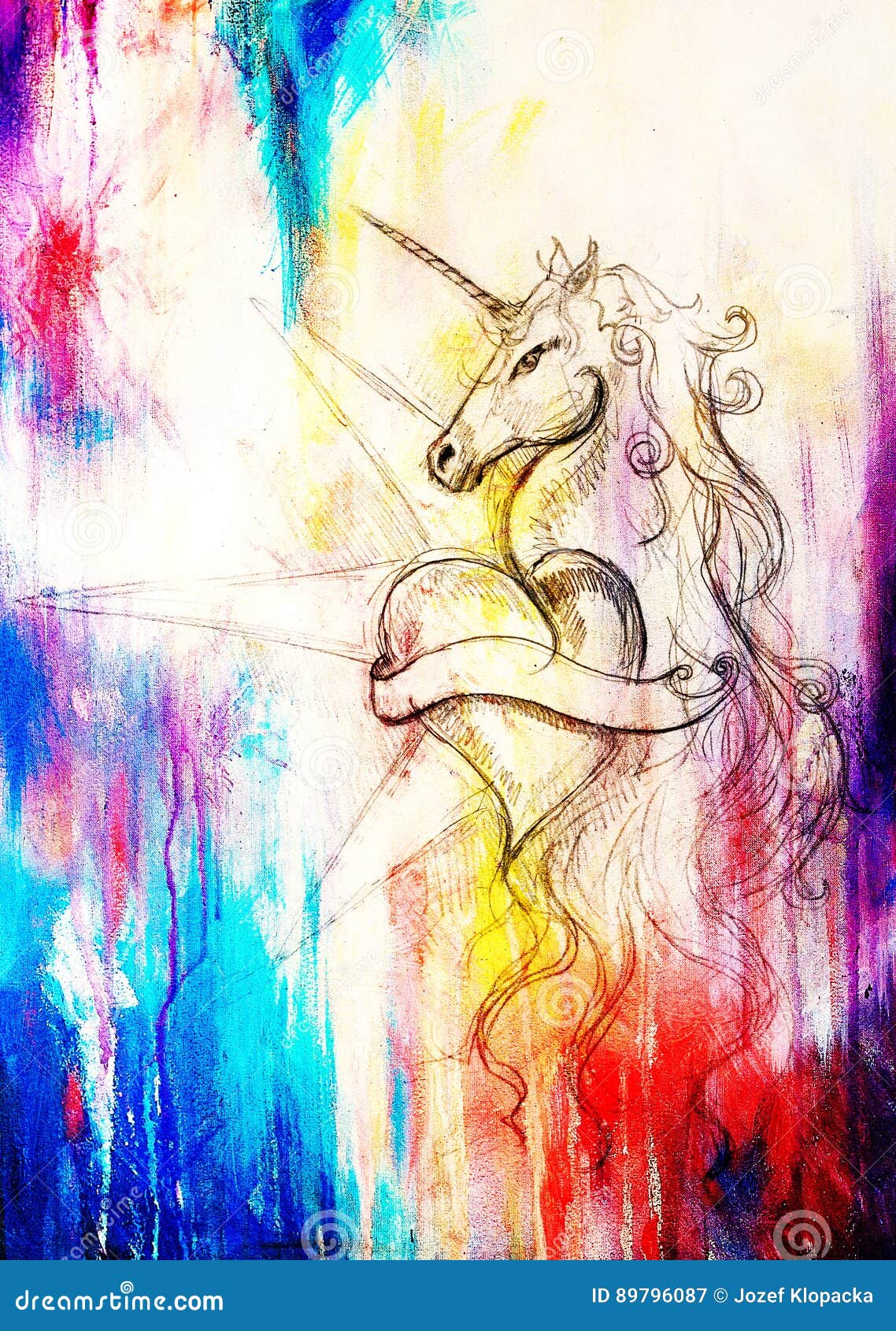 Linear Drawing of Unicorn with Heart Shape on Abstract Background